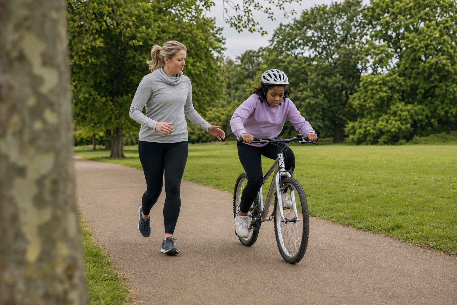 A young person balancing along a low park wall while a foster carer walks close enough to steady them