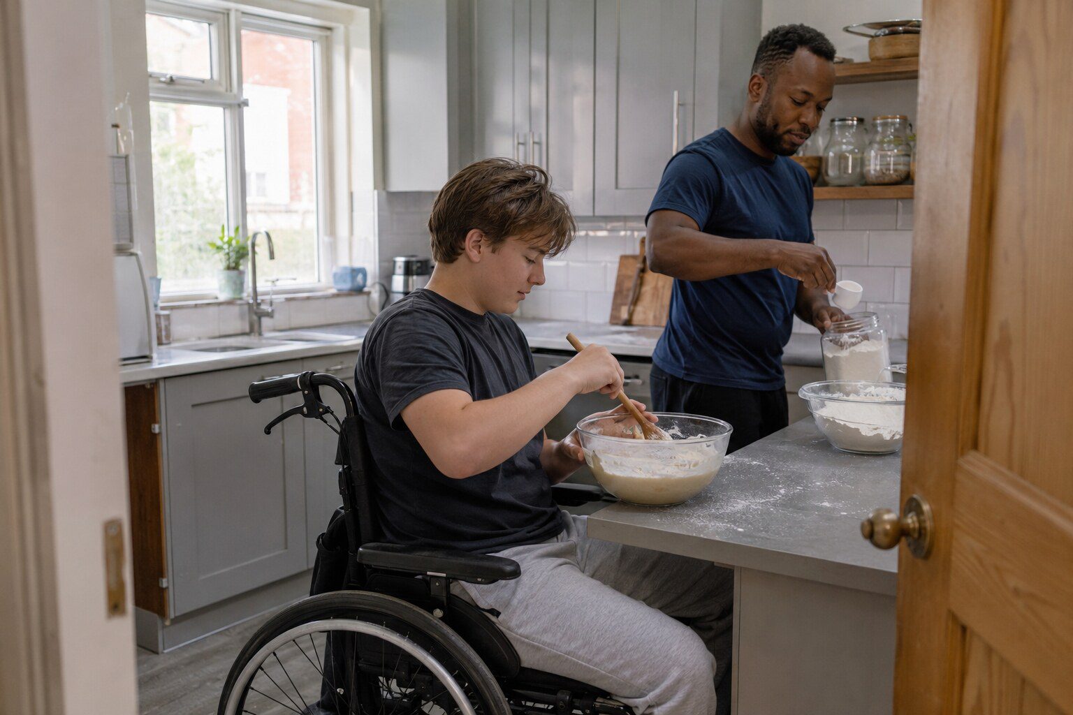 A foster carer sitting beside a child at a kitchen table, helping them with an activity