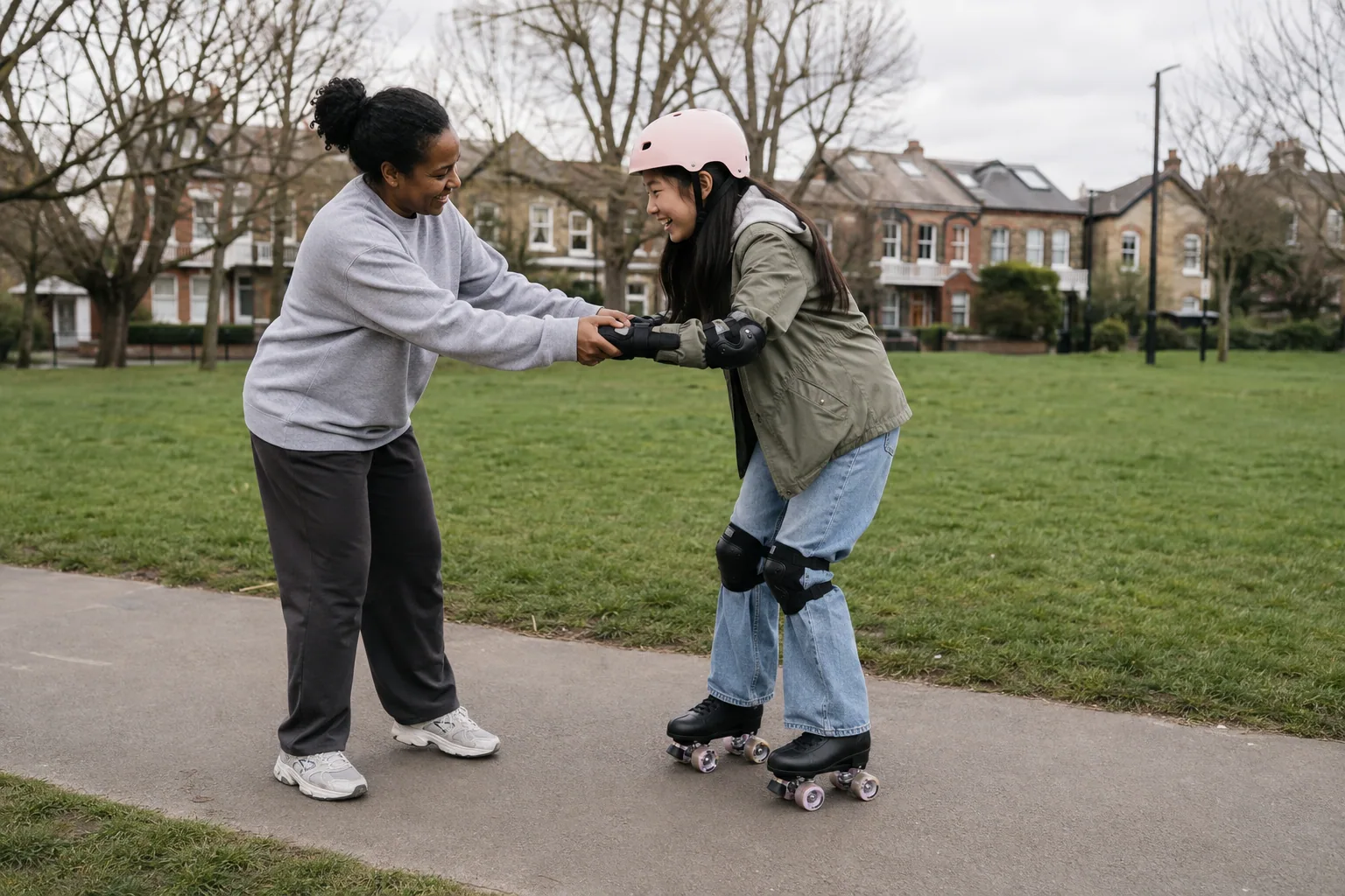 An adult steadies a teenage girl practising roller skating on a park path.