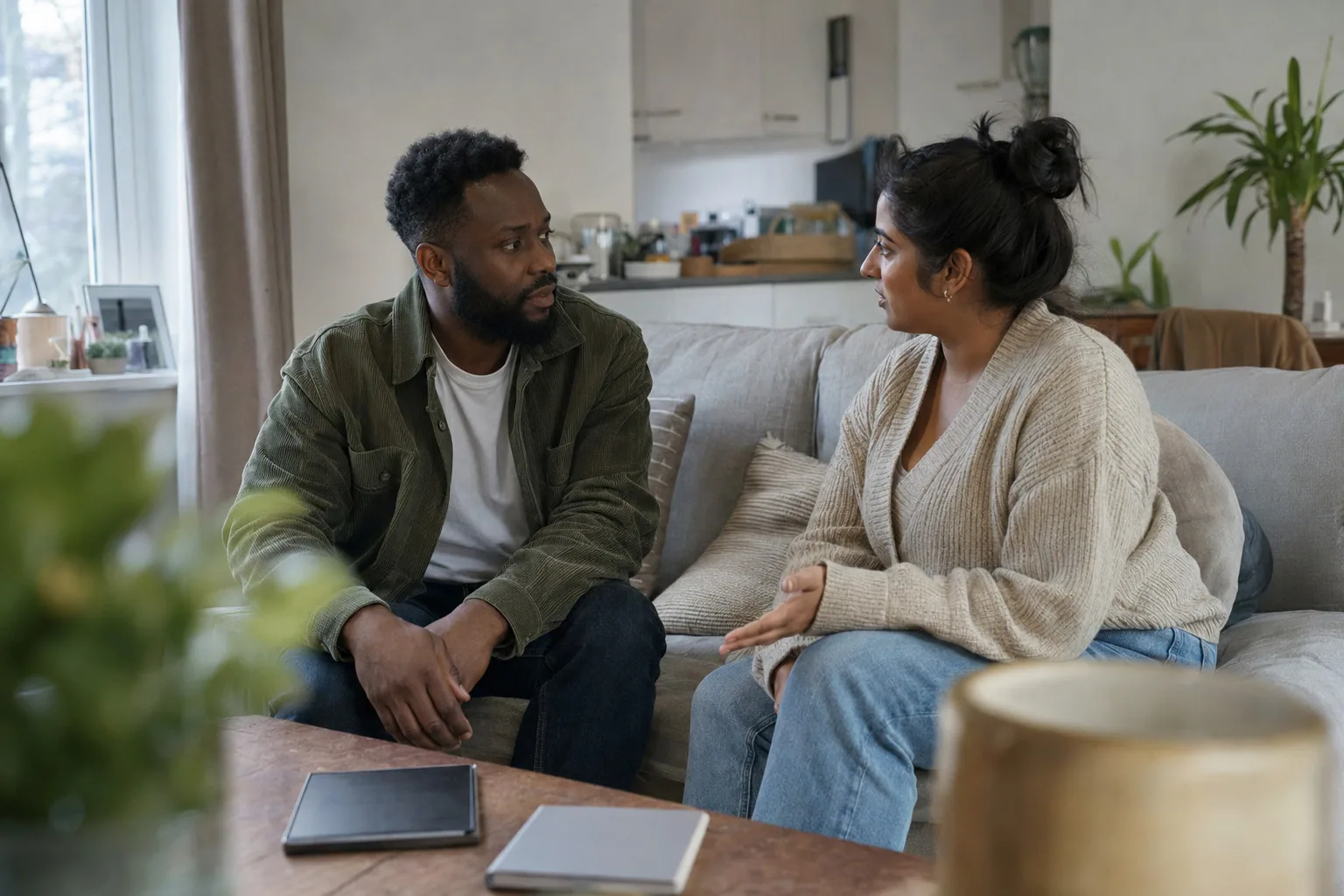 Two adults talking together on the sofa