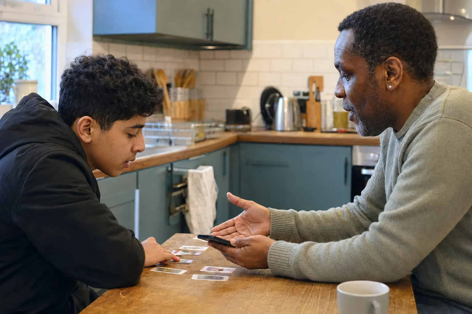 An adult and a teenager chatting over photographs at the kitchen table
