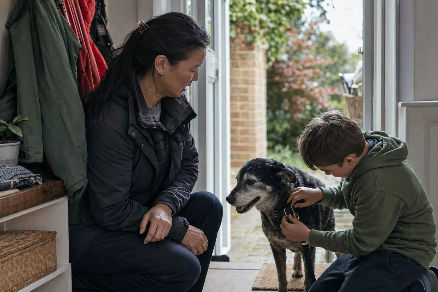 A woman and a child greeting their dog by the front door