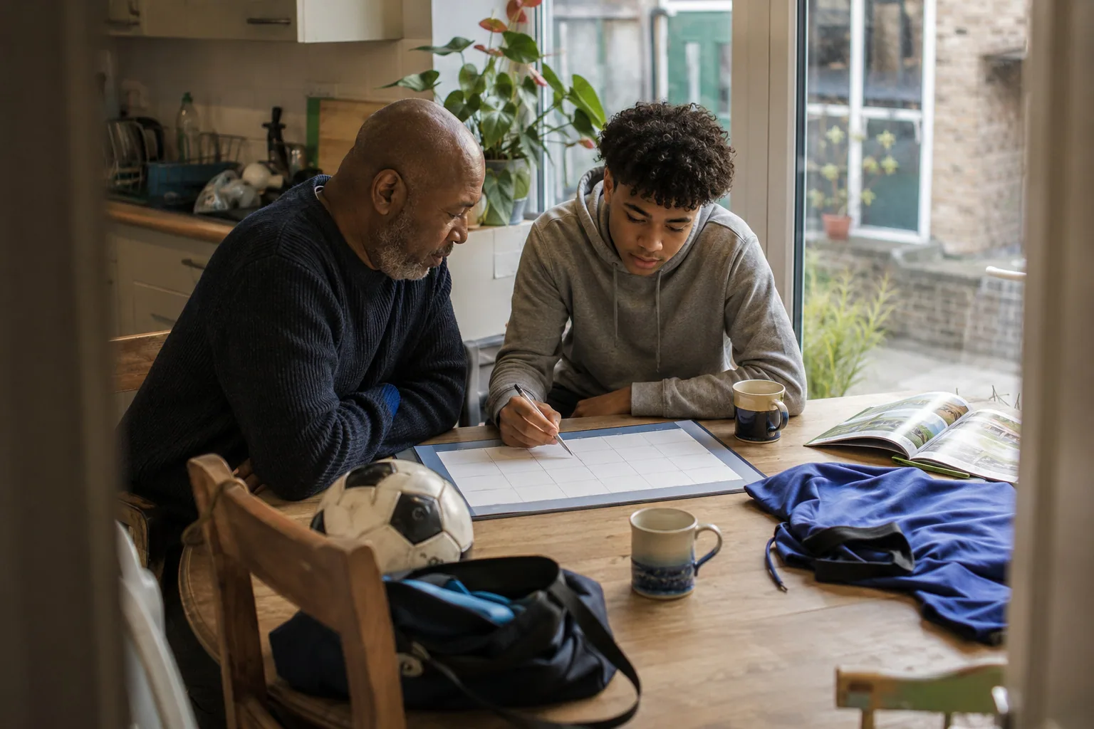 An adult and a teenager looking at notes beside a football and sports kit