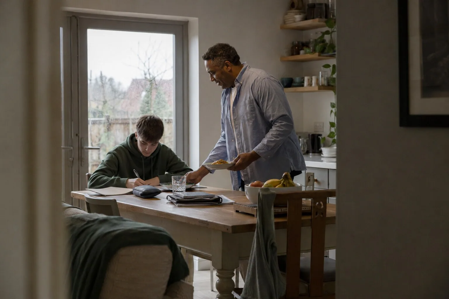 An adult bringing a snack to a teenager working at the table