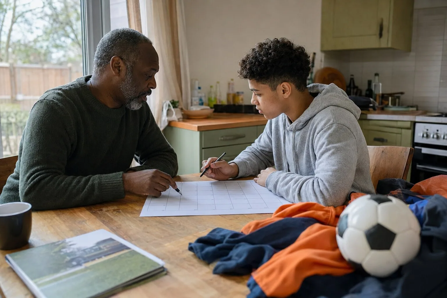 An adult and a teenager planning together at a table with a football nearby