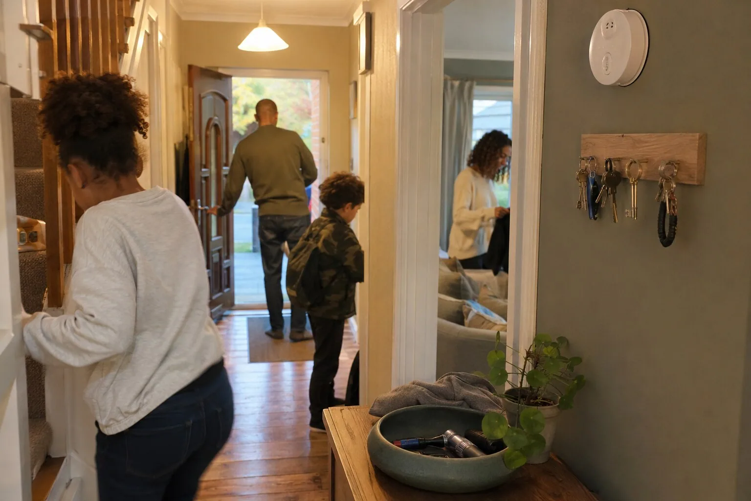 Adults and children arriving home and putting things away