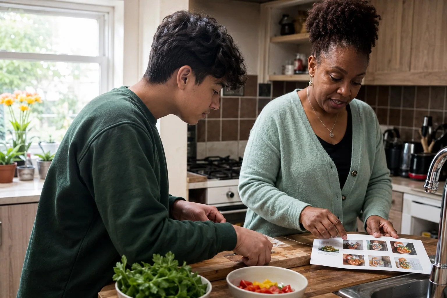 An adult and a teenager preparing food with a cookbook open beside them
