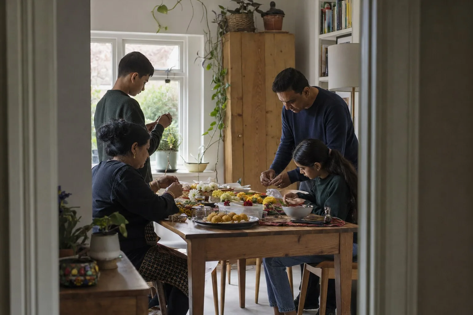 Adults and children preparing food around a kitchen table