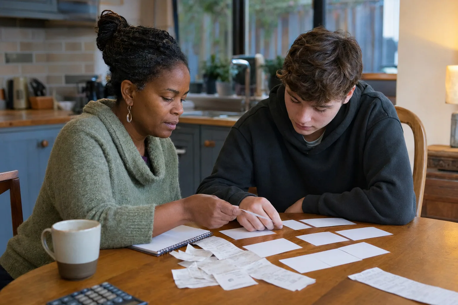 An adult and a teenager working through notes together at the table