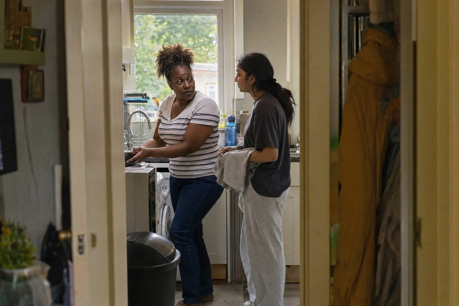 Two adults chatting beside the kitchen sink