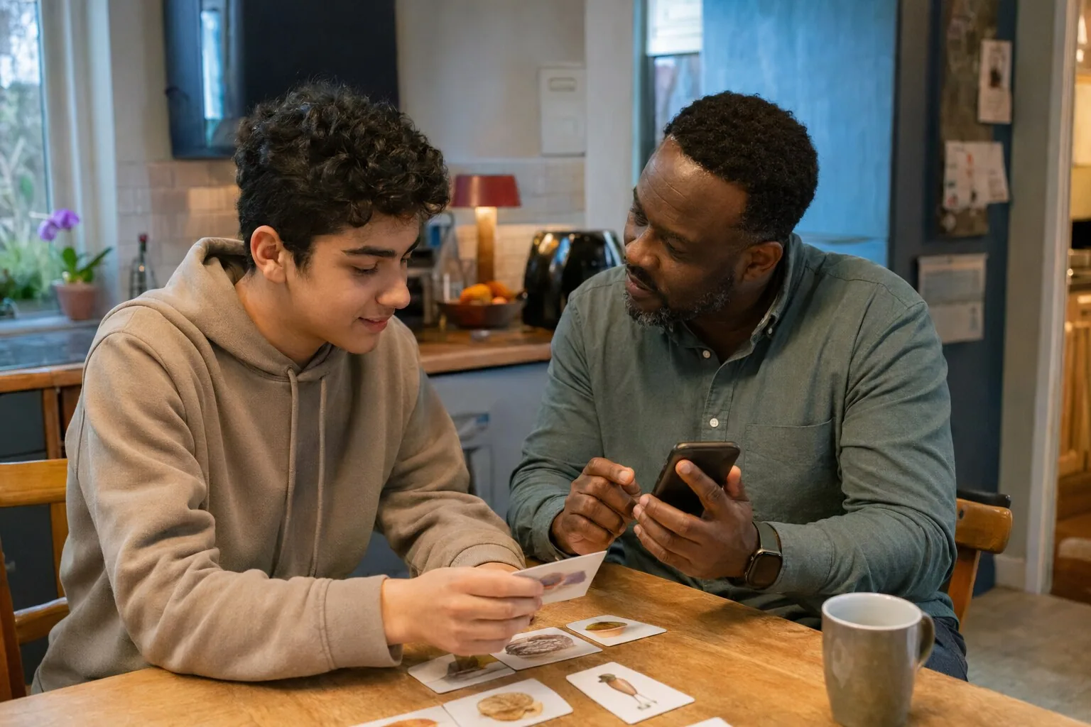 An adult and a teenager sharing a phone and picture cards at a table