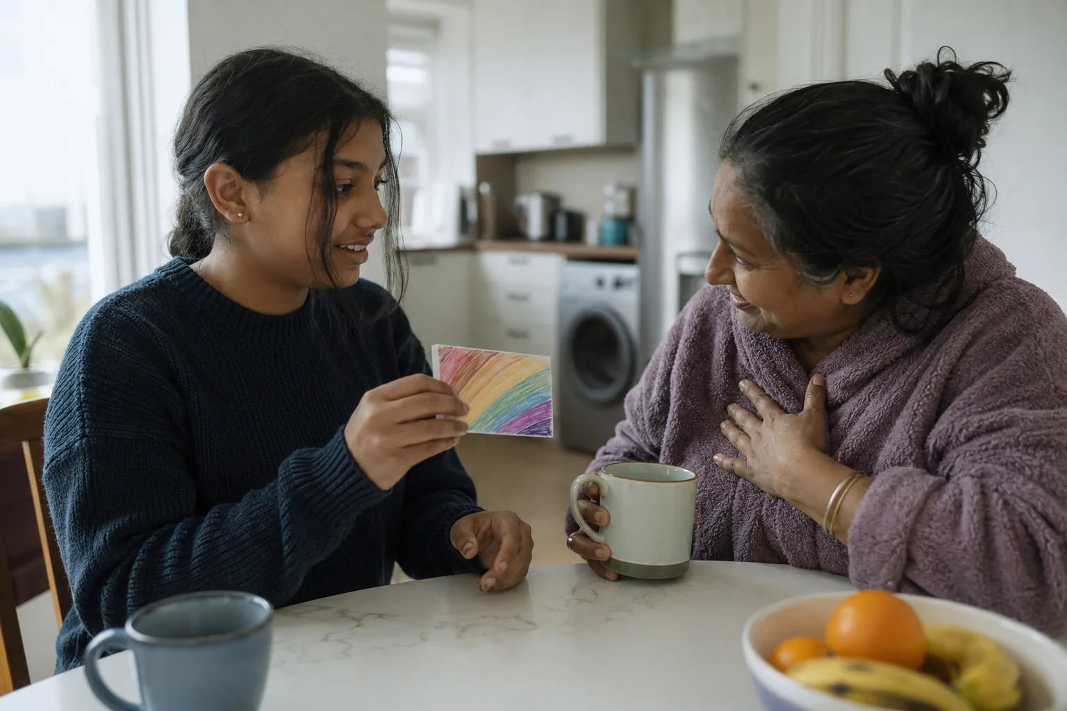 A young person sharing a colourful drawing with an adult over a drink