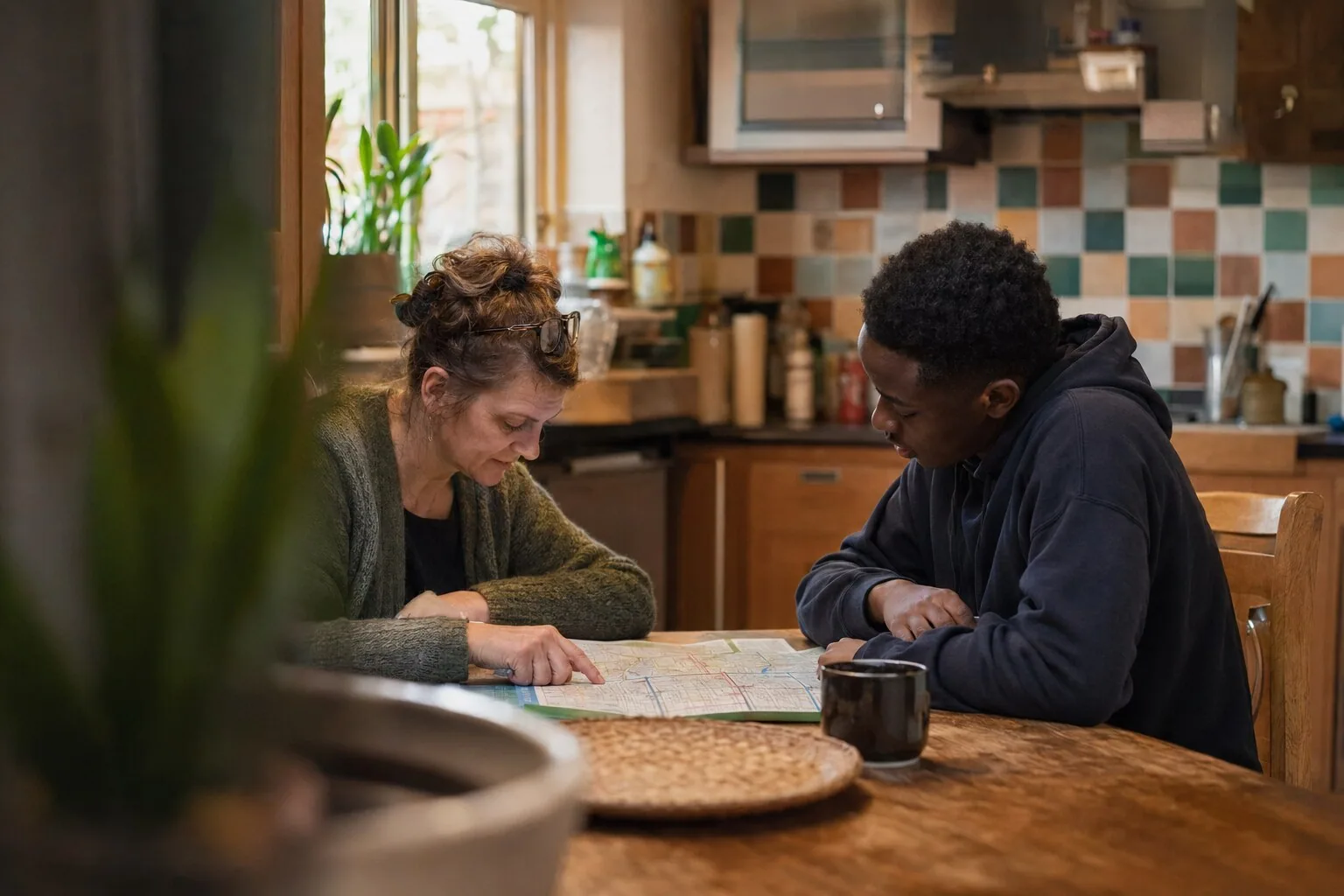 An adult and a teenager looking at a map together at home