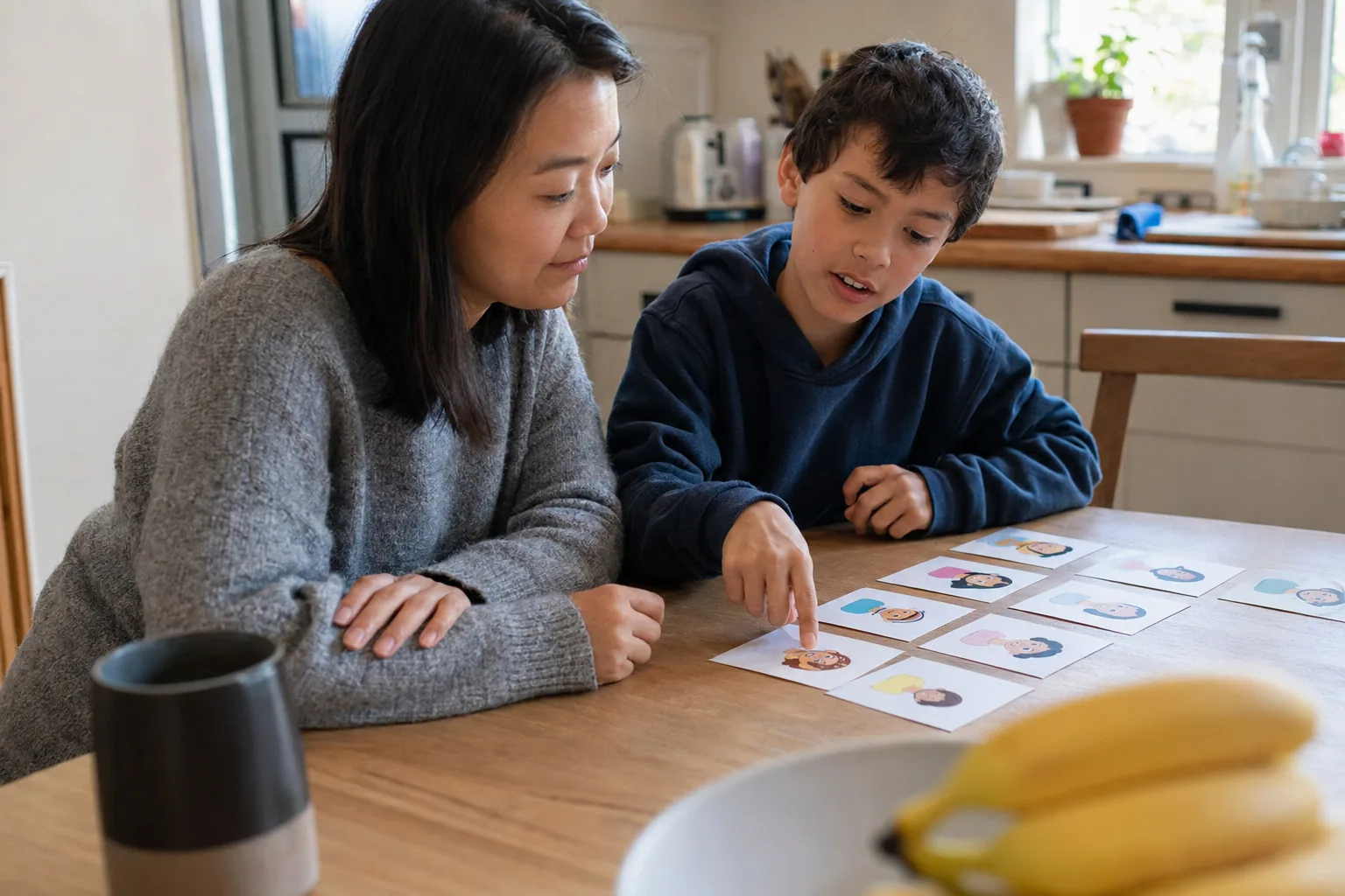 An adult and a child talking about picture cards at home