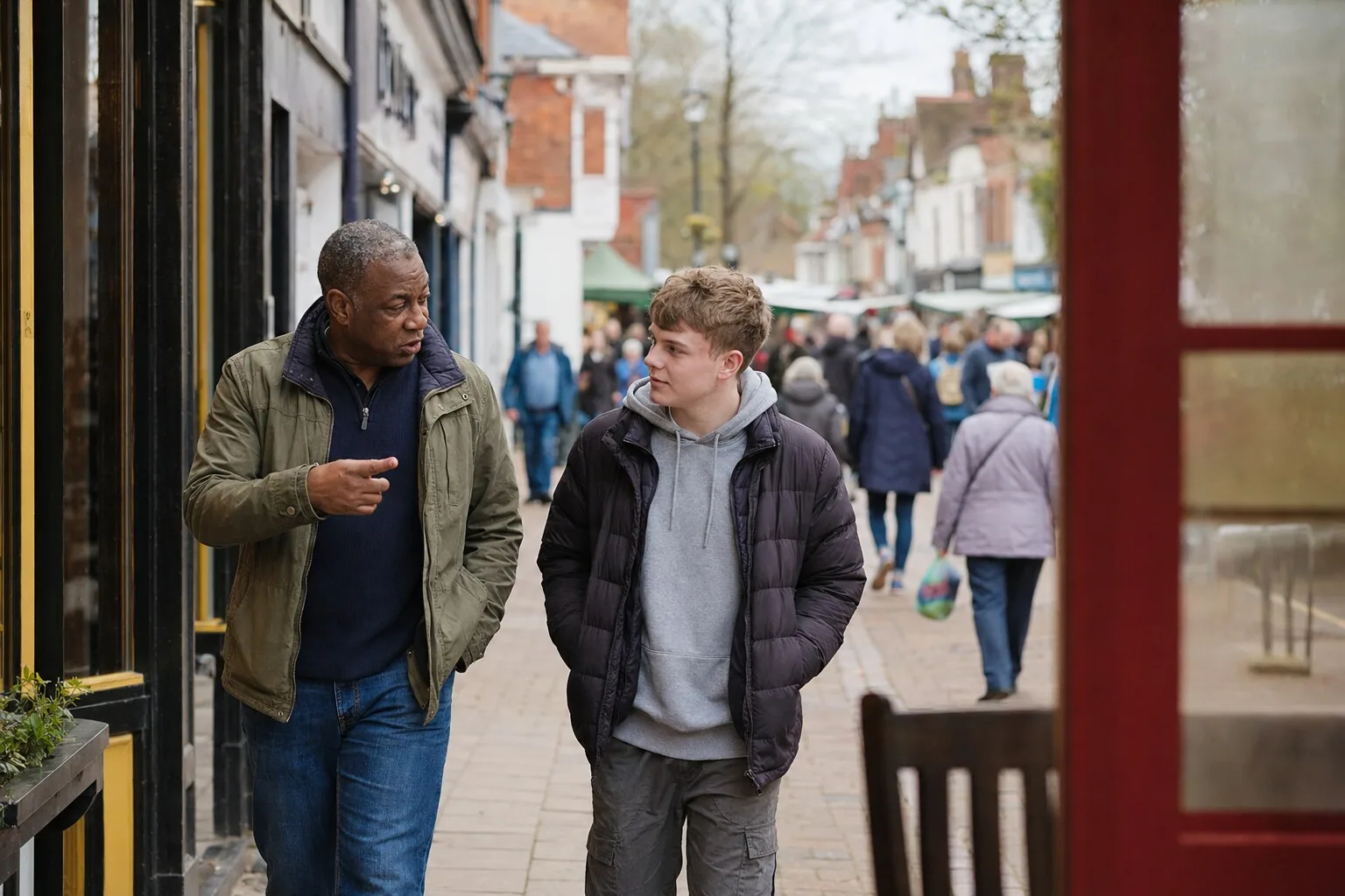An adult and a teenager talking outside a neighbourhood shop
