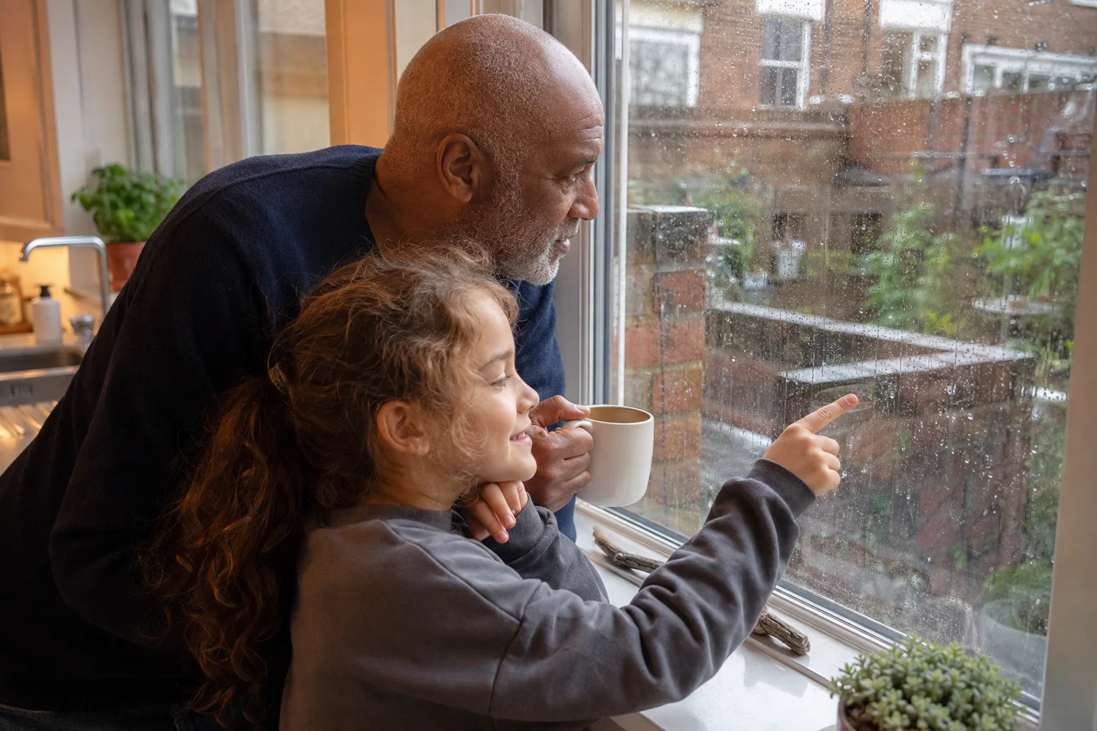 A man and a child watching the rain through a kitchen window
