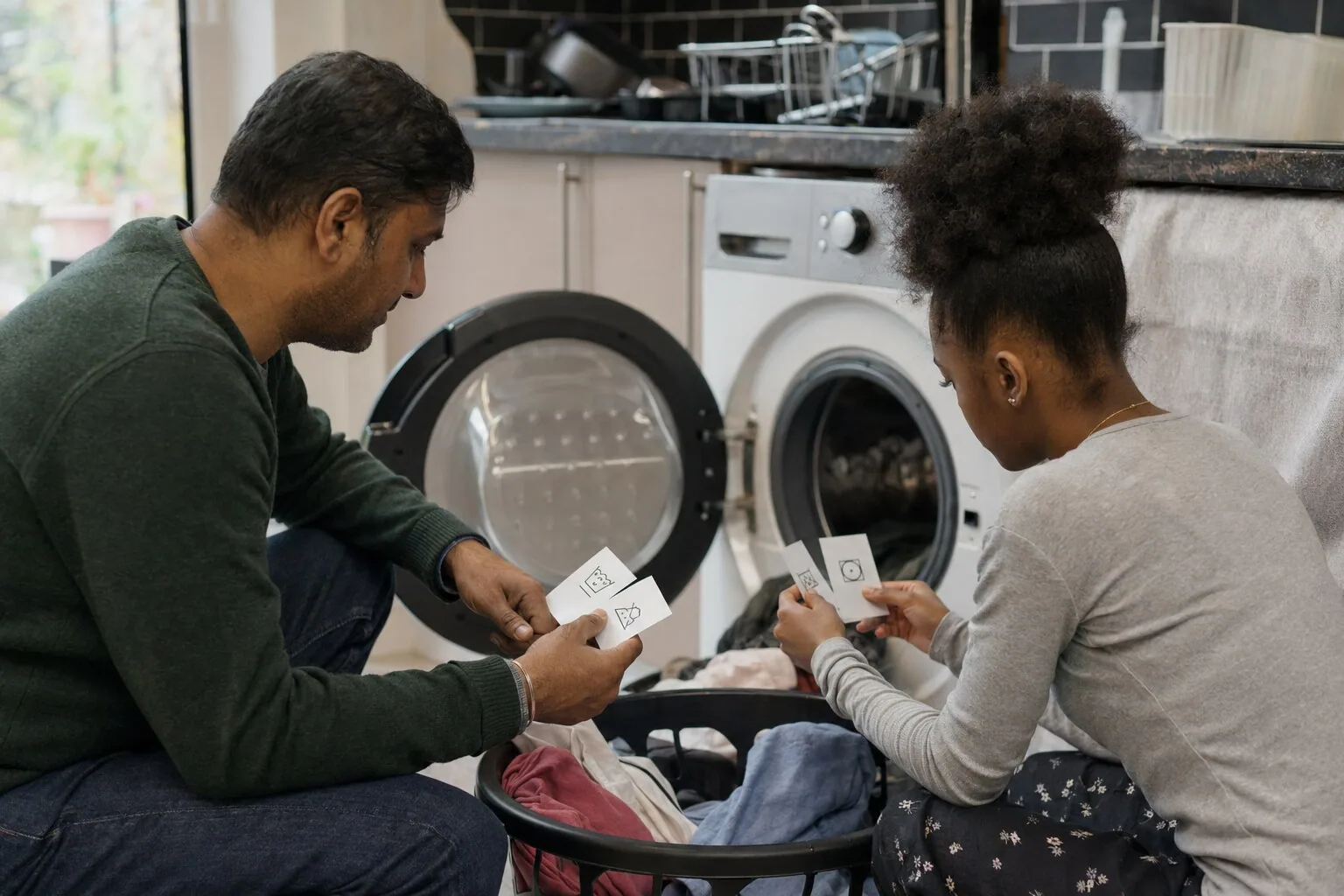 An adult and a child reading clothing labels beside the washing machine