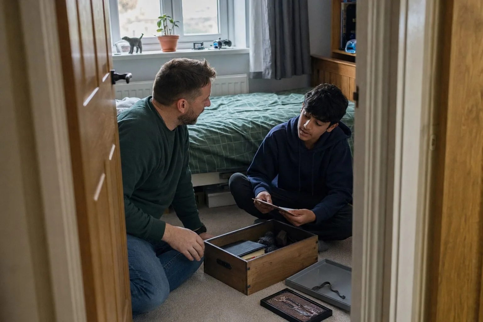 An adult and a young person sorting belongings into a box