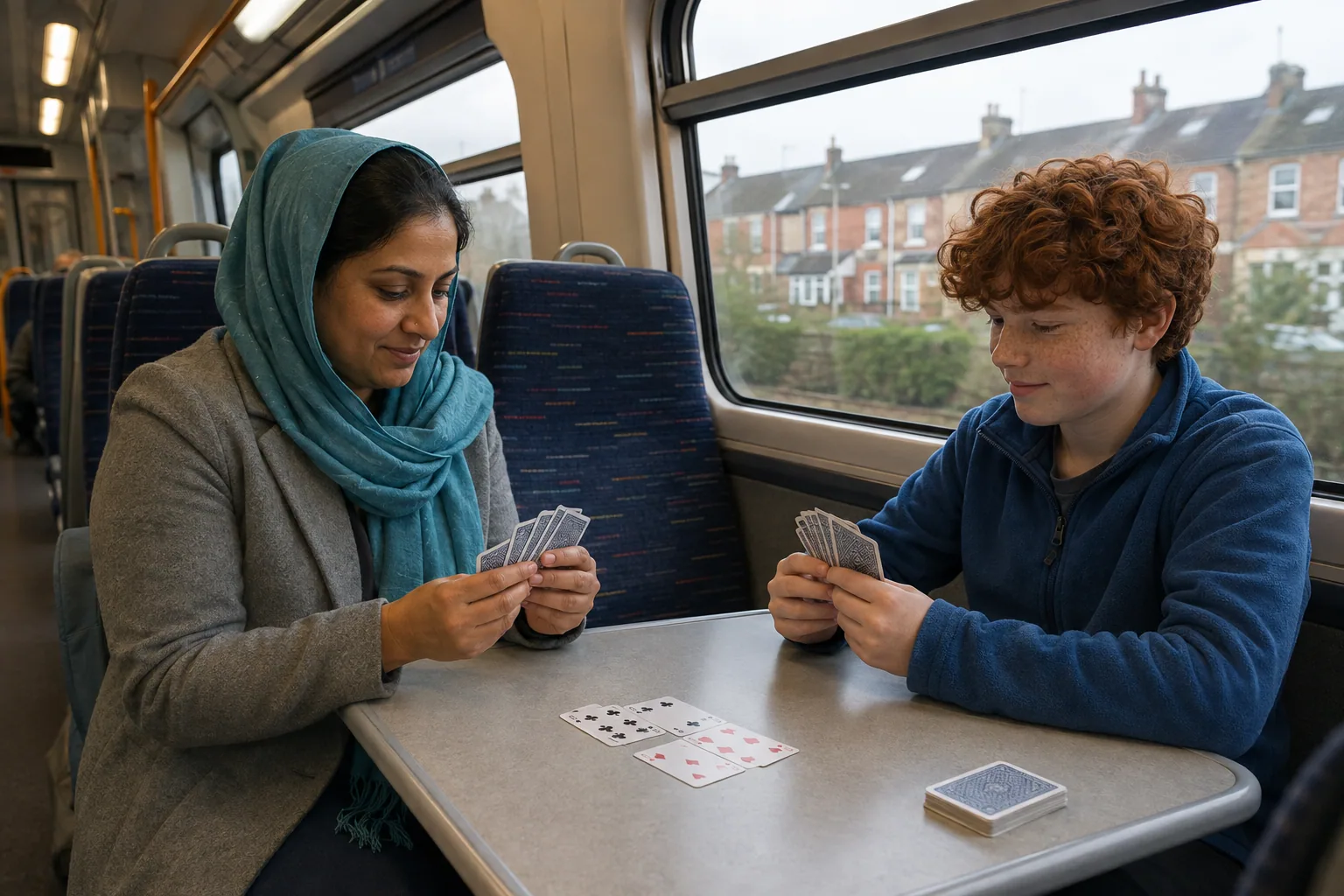 An adult and teenager play cards at a small table on a local train.
