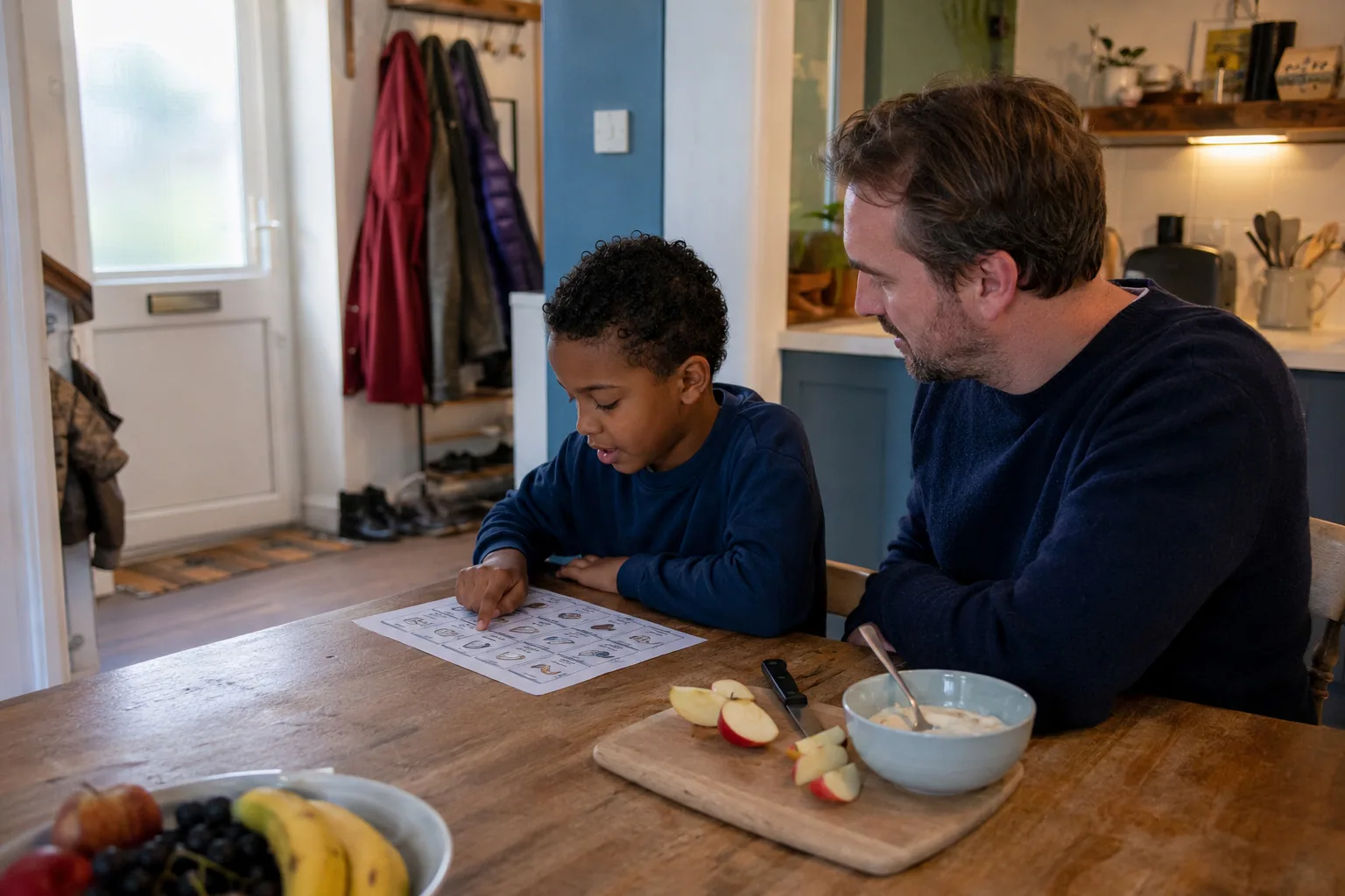 An adult helping a child with a morning activity at the kitchen table