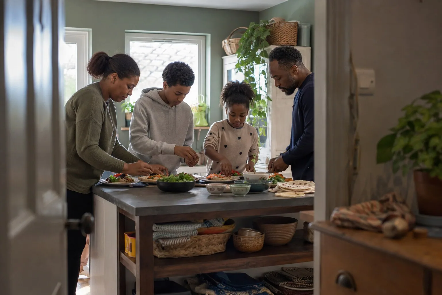 Adults and children cooking together in a family kitchen