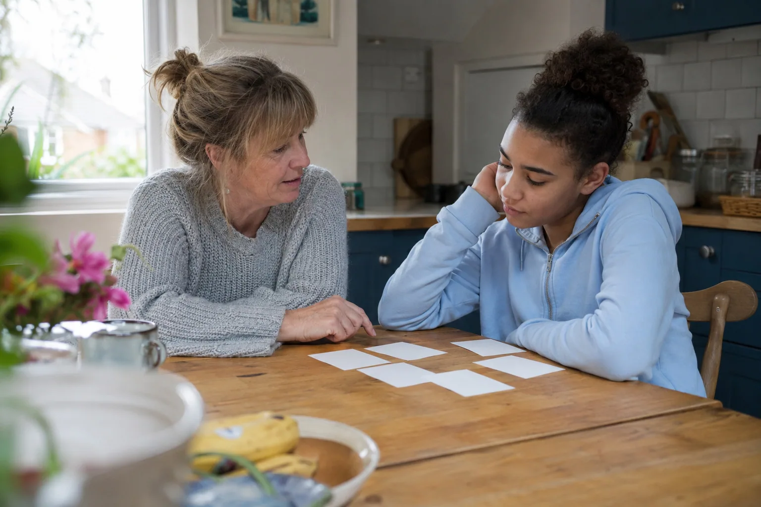 An adult and a teenager talking over cards at the kitchen table
