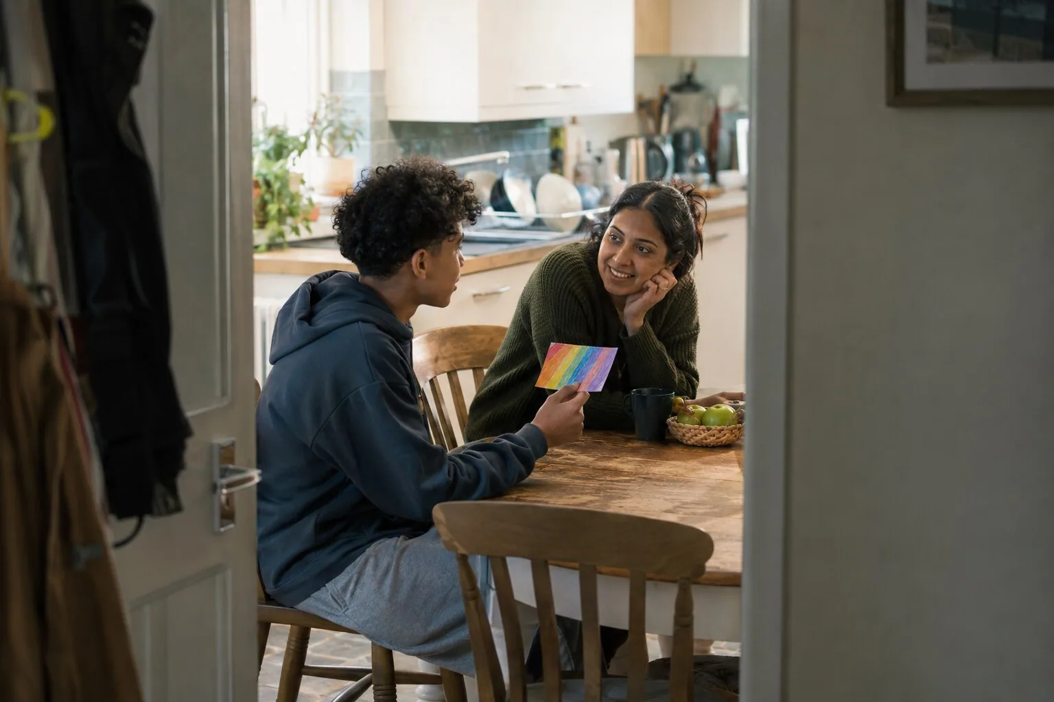 An adult and a teenager talking together at the kitchen table