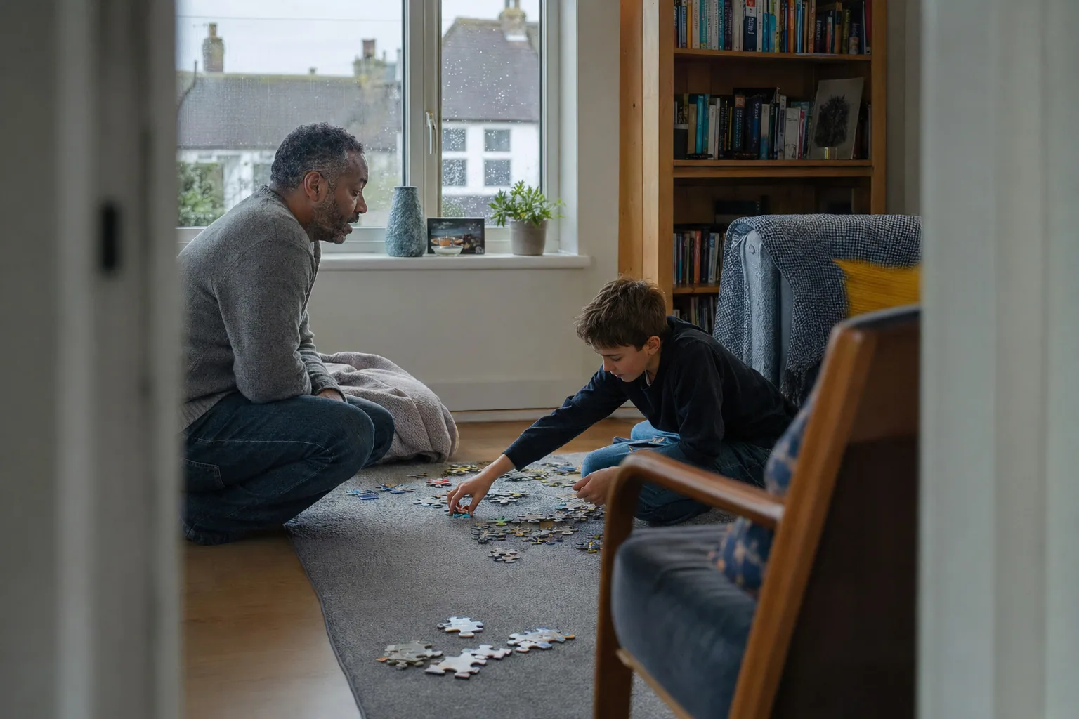 An adult and a young person making a jigsaw on the living-room floor