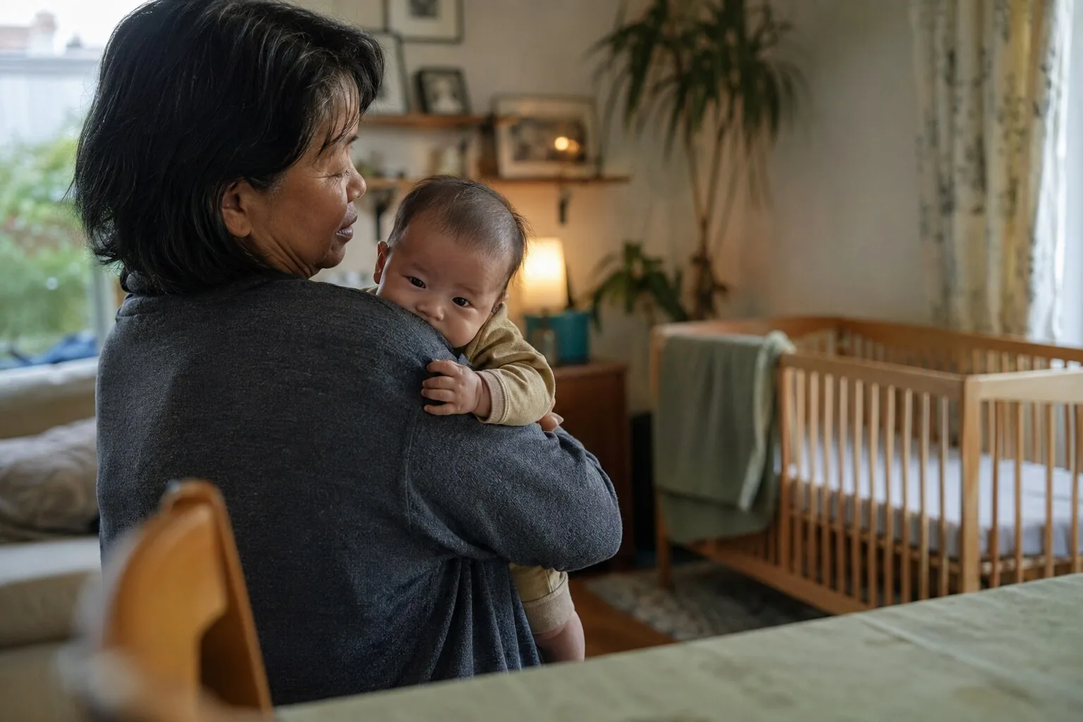 An adult holding a baby close in a softly lit room