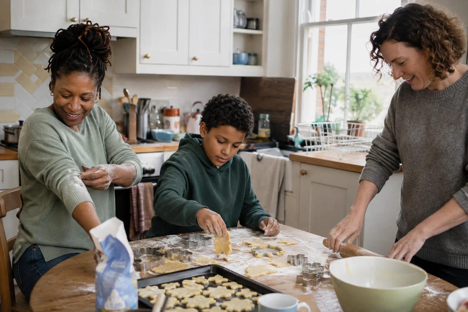 Two women and a child making biscuits together