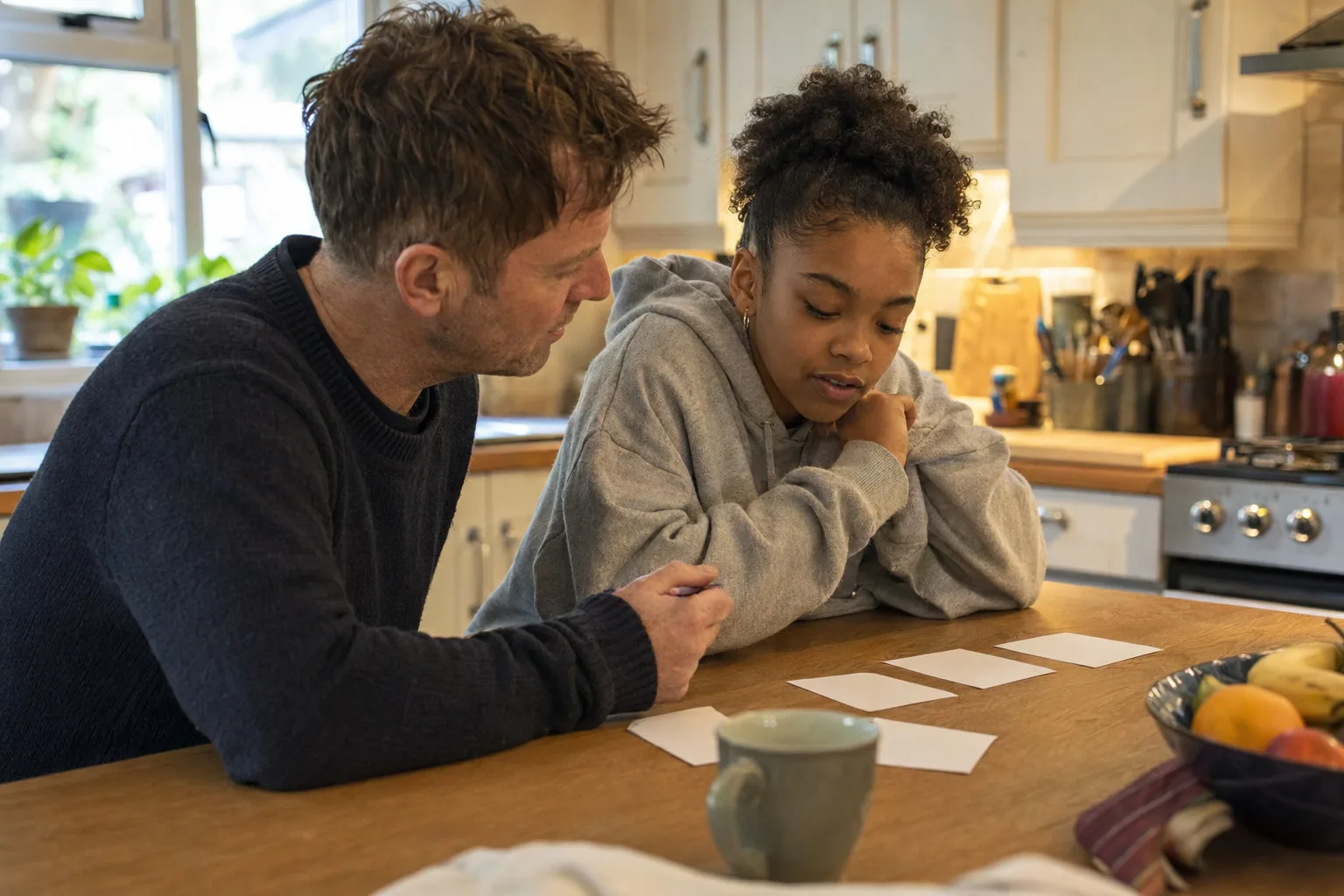 An adult listening to a teenager at the kitchen table
