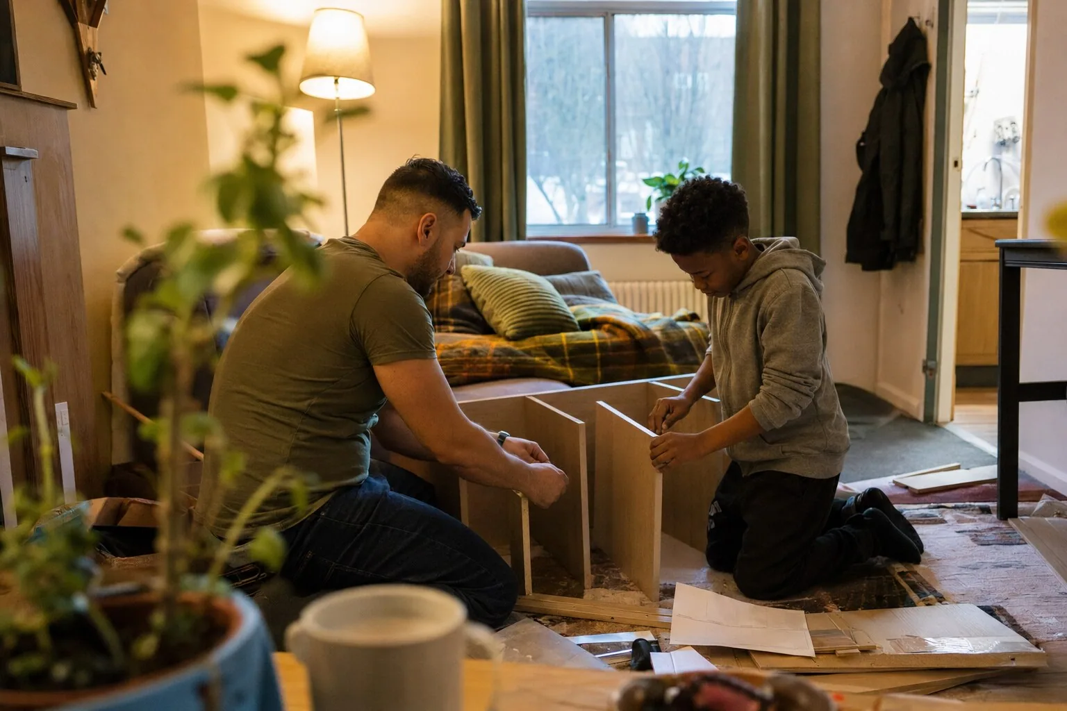 An adult and a young person assembling furniture together