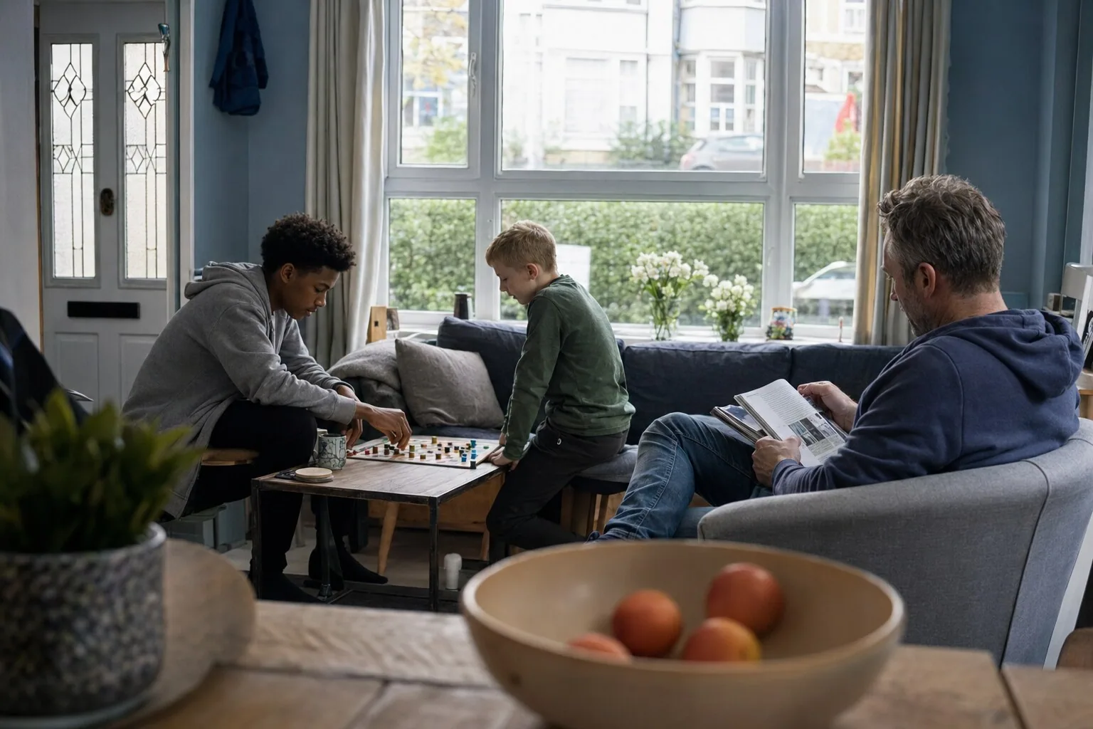 Young people playing chess while an adult reads nearby