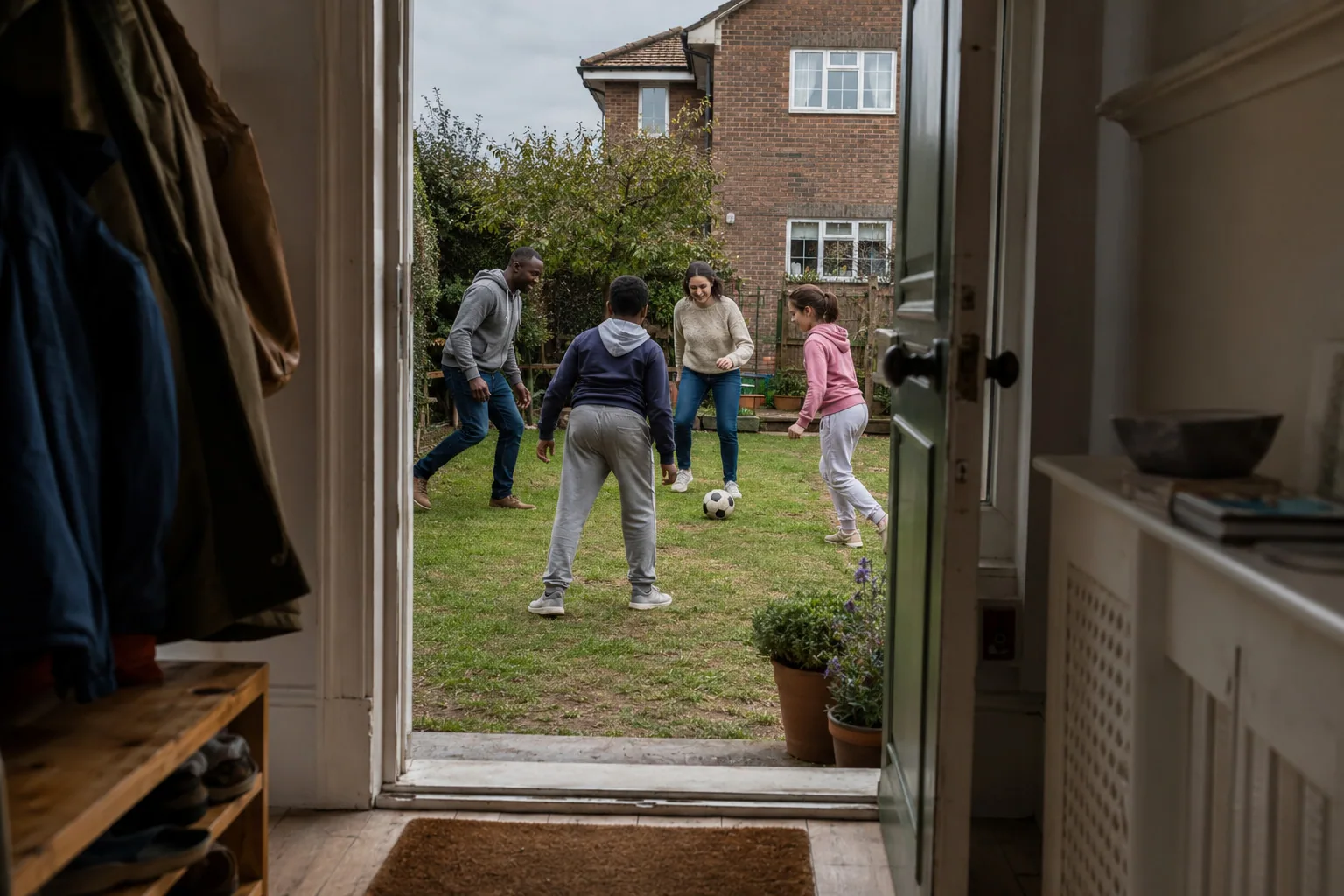 An adult and children playing football in the garden