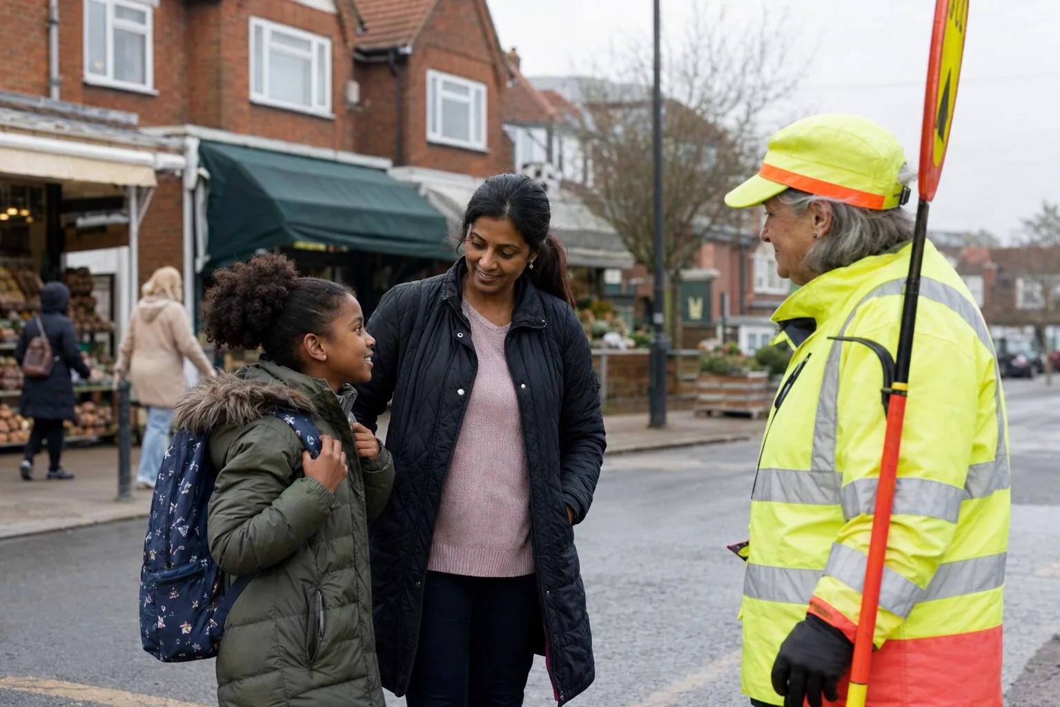 An adult and a child chatting to a crossing patrol on a residential street