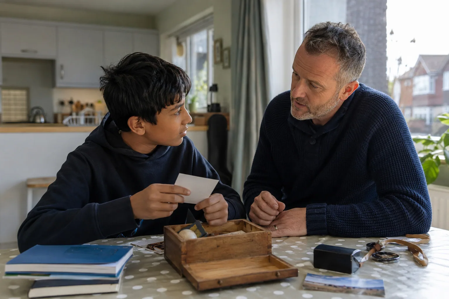 An adult and a young person sharing keepsakes and photographs at the table