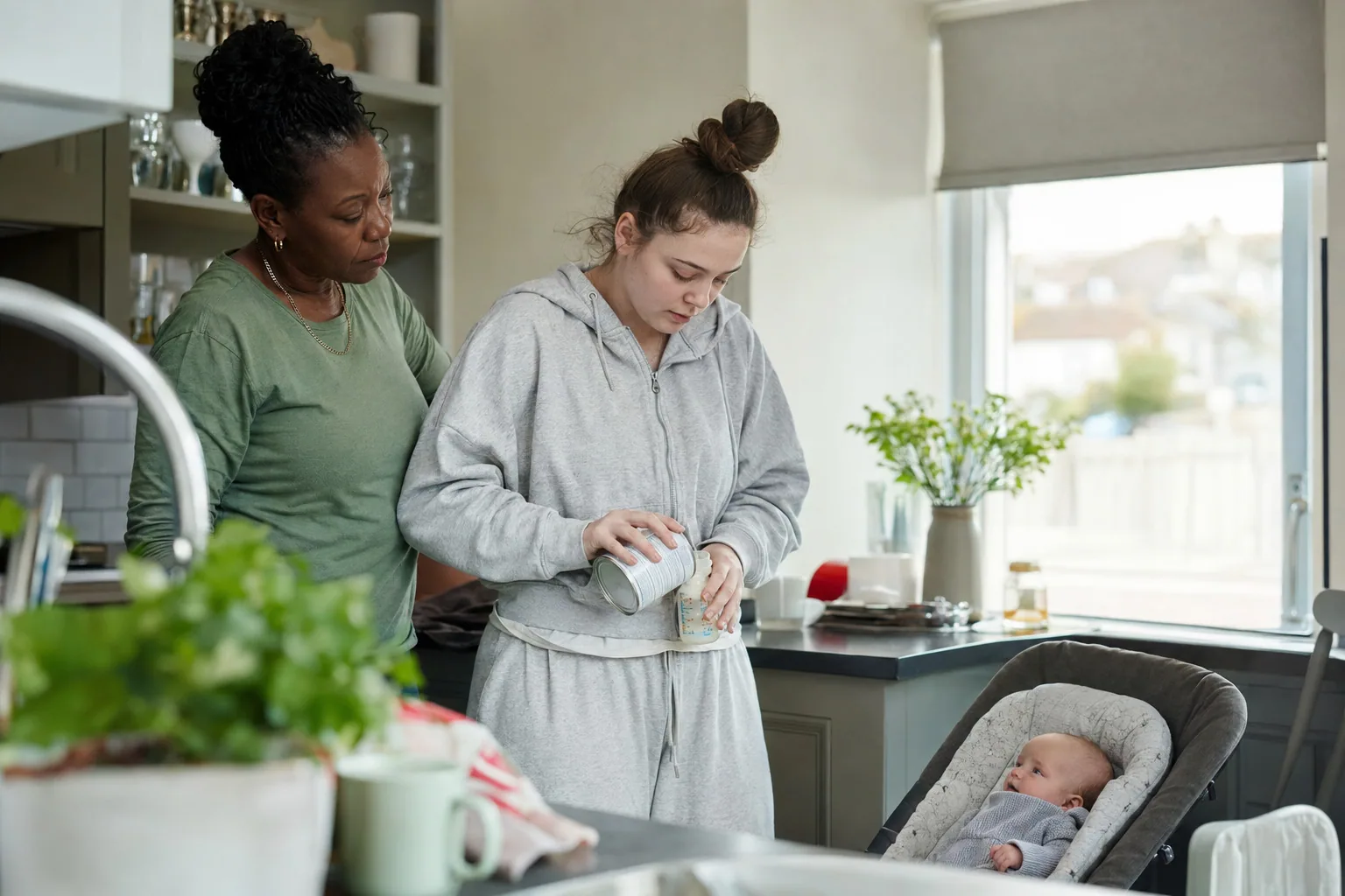 Two adults preparing a bottle while a baby rests nearby