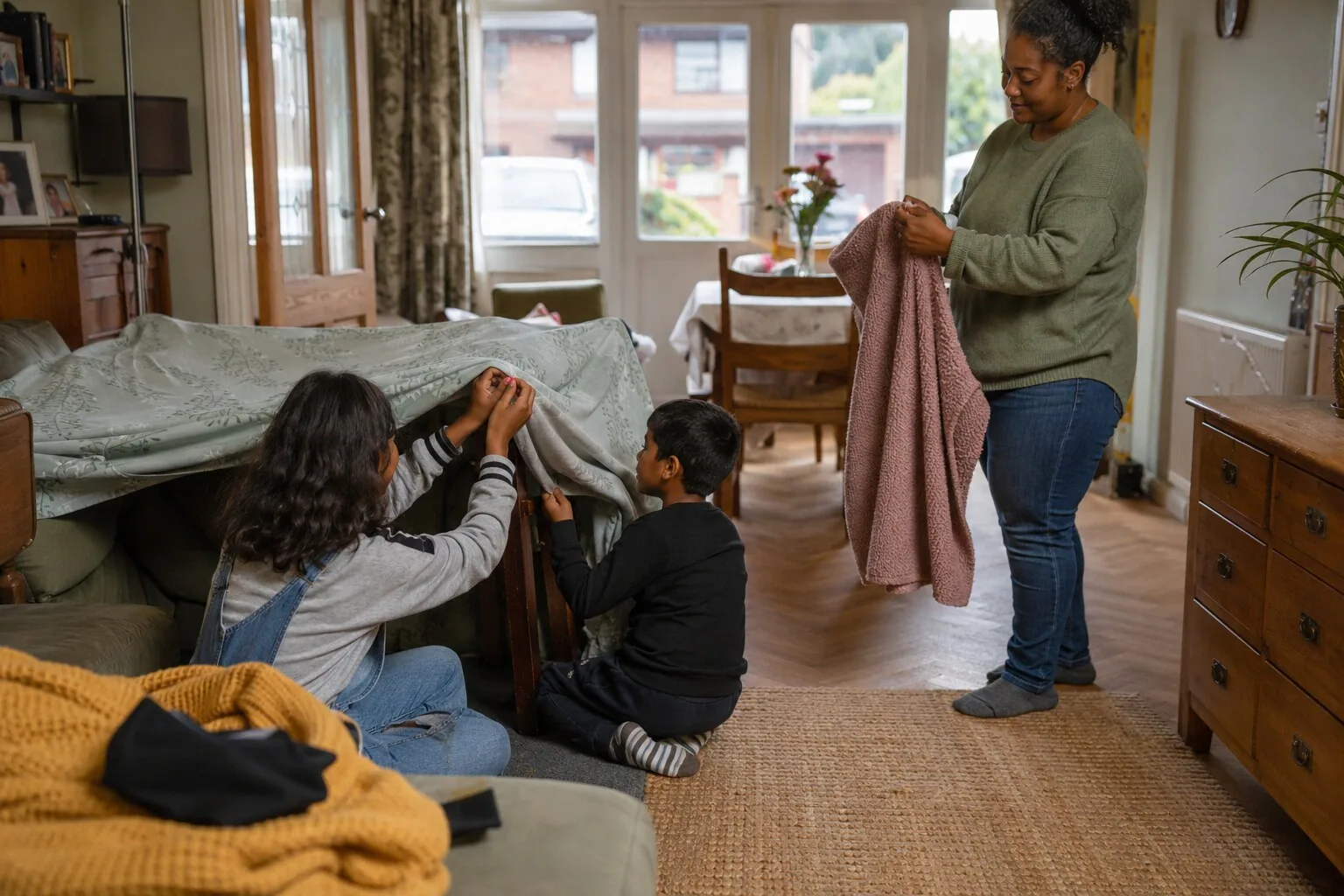 Two children building a den while an adult folds a blanket nearby