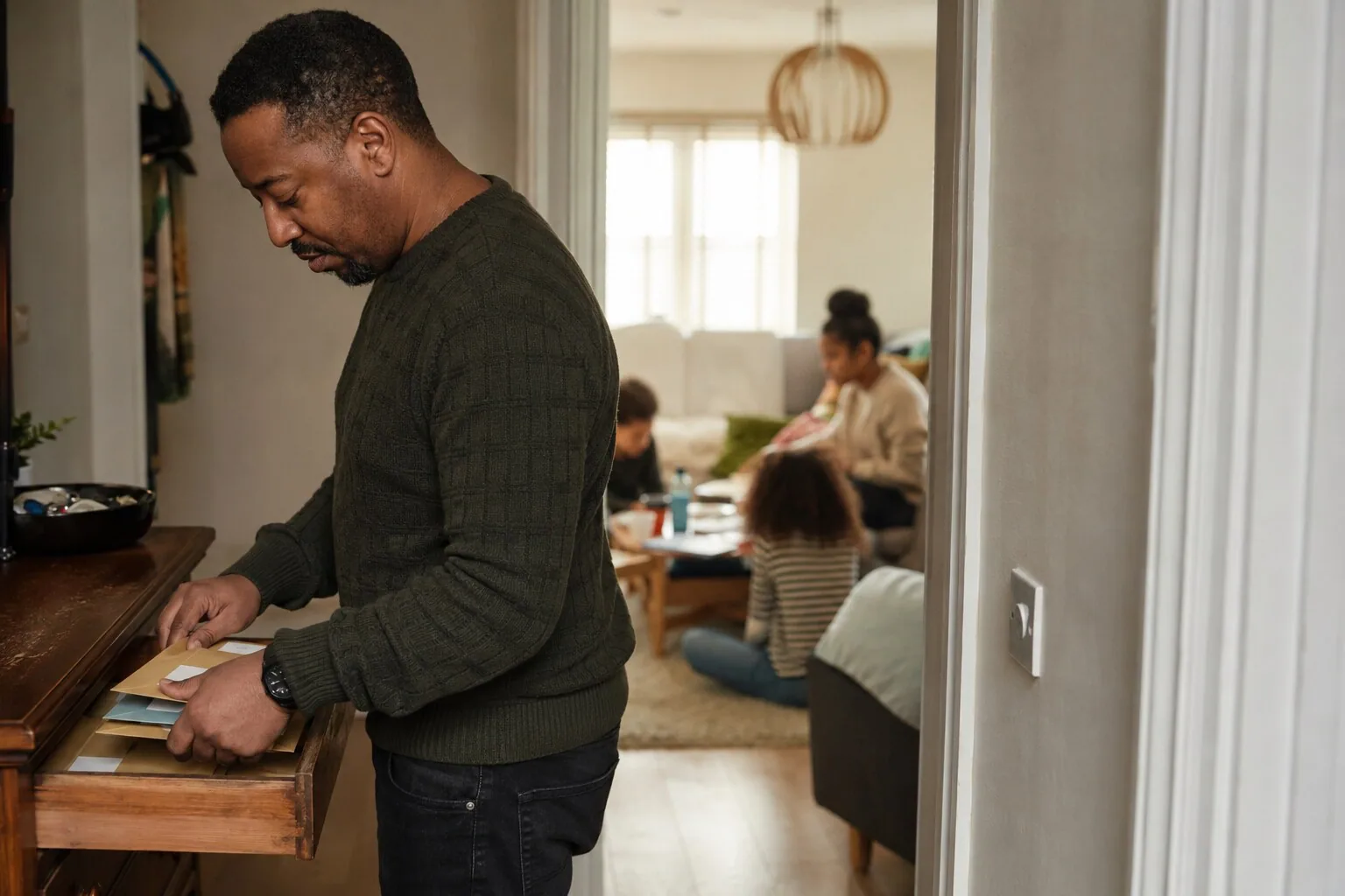 An adult preparing food while children sit at a table behind him