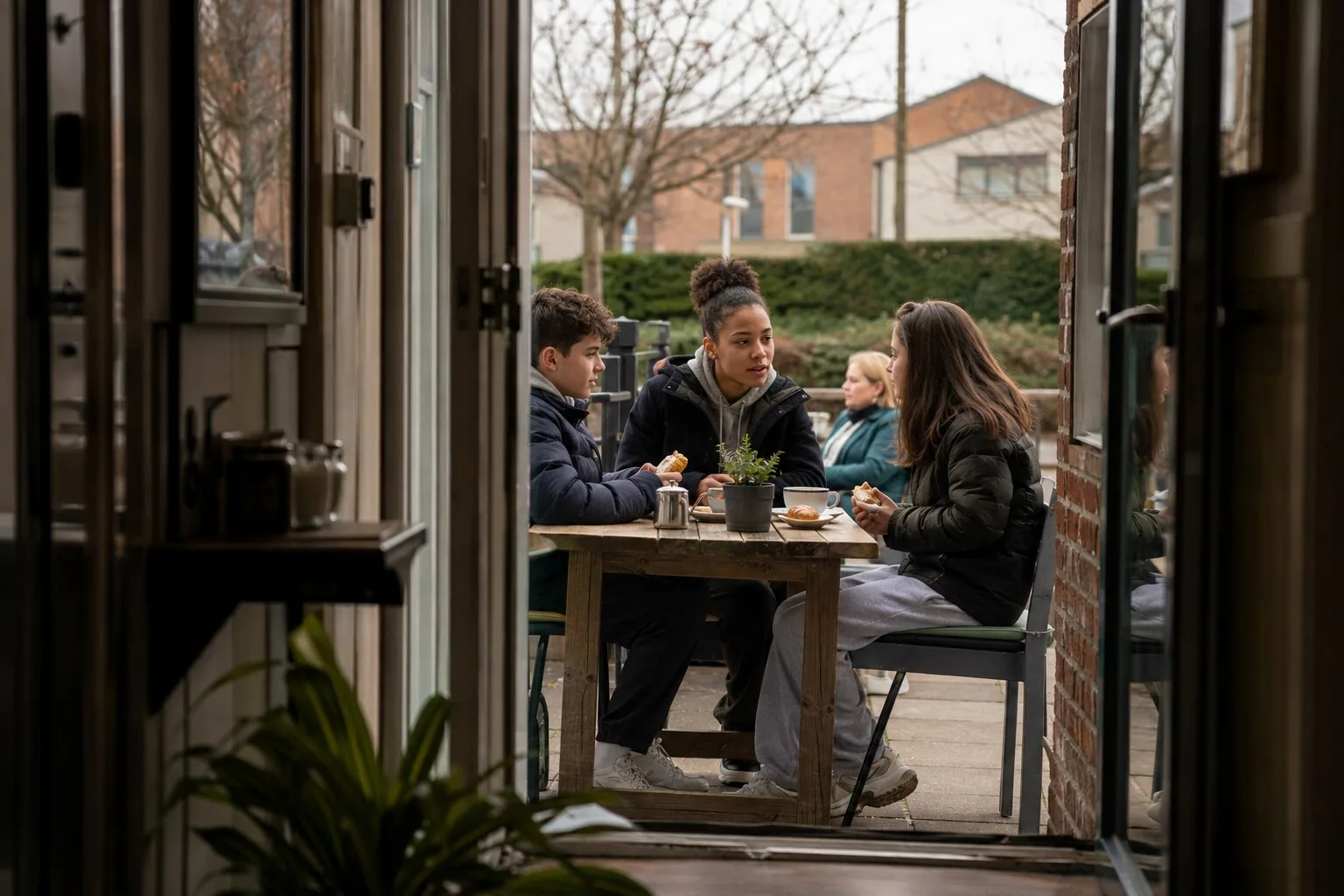 Three young people talking together at a garden table