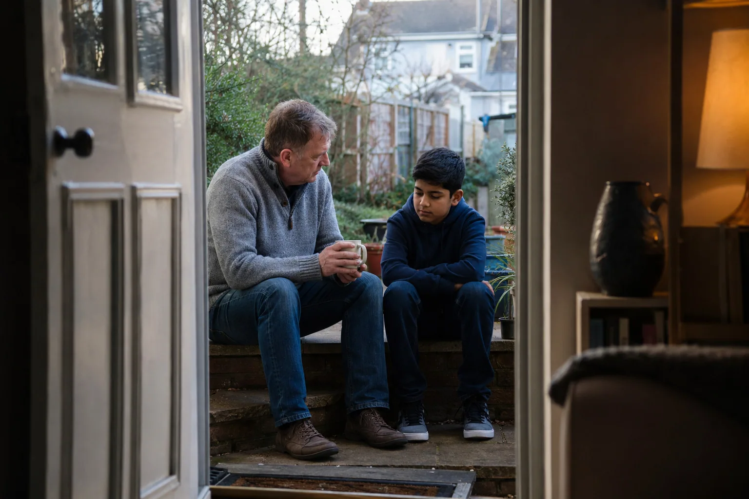 An adult and a teenager sitting together on the back doorstep