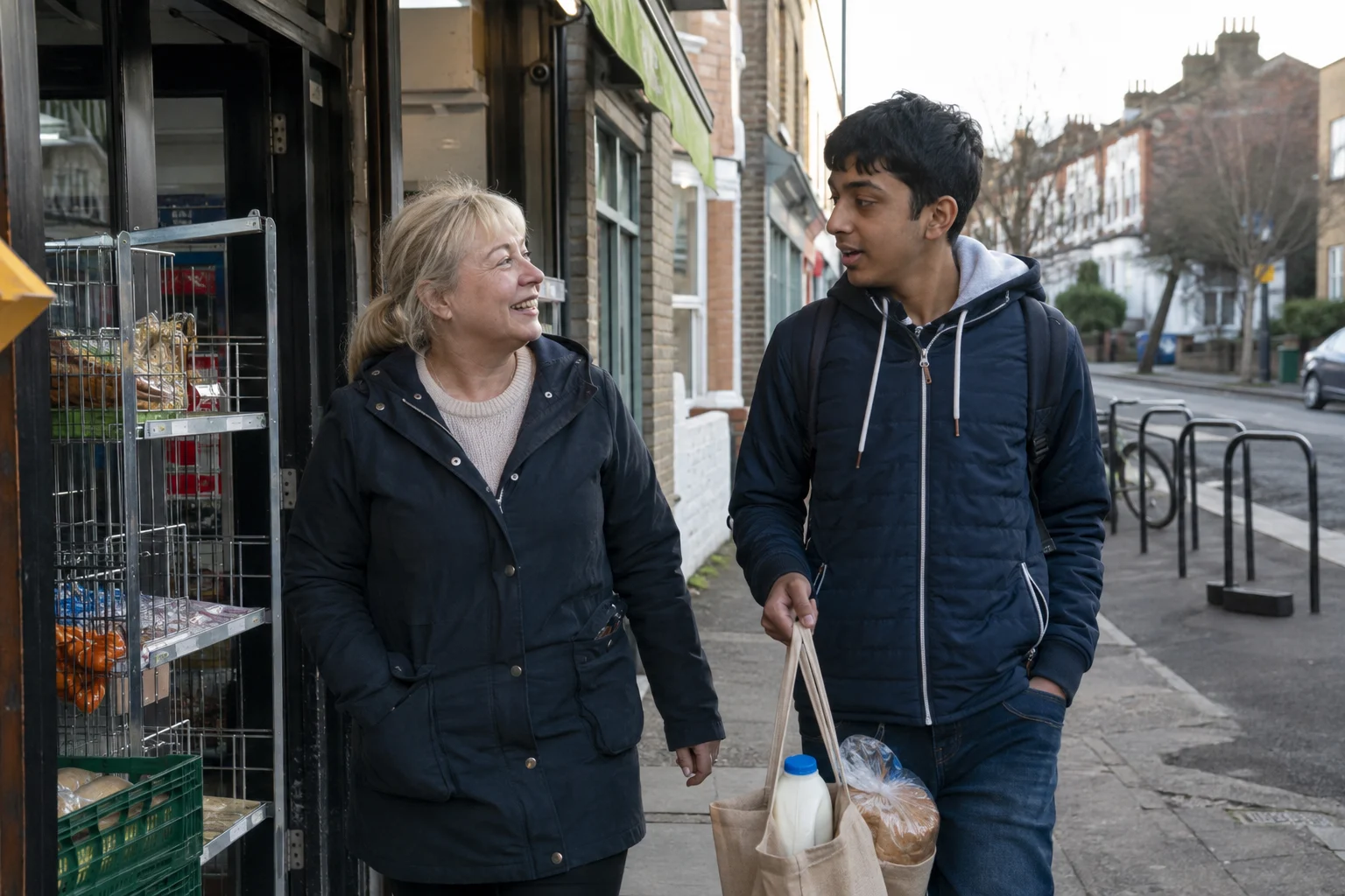 A woman and a teenager walking home with a small shopping bag