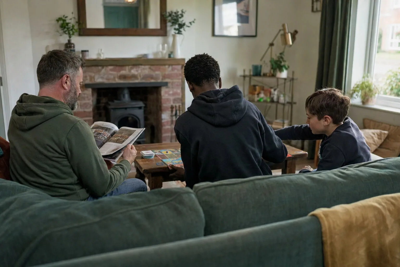 An adult and two children relaxing together in the living room