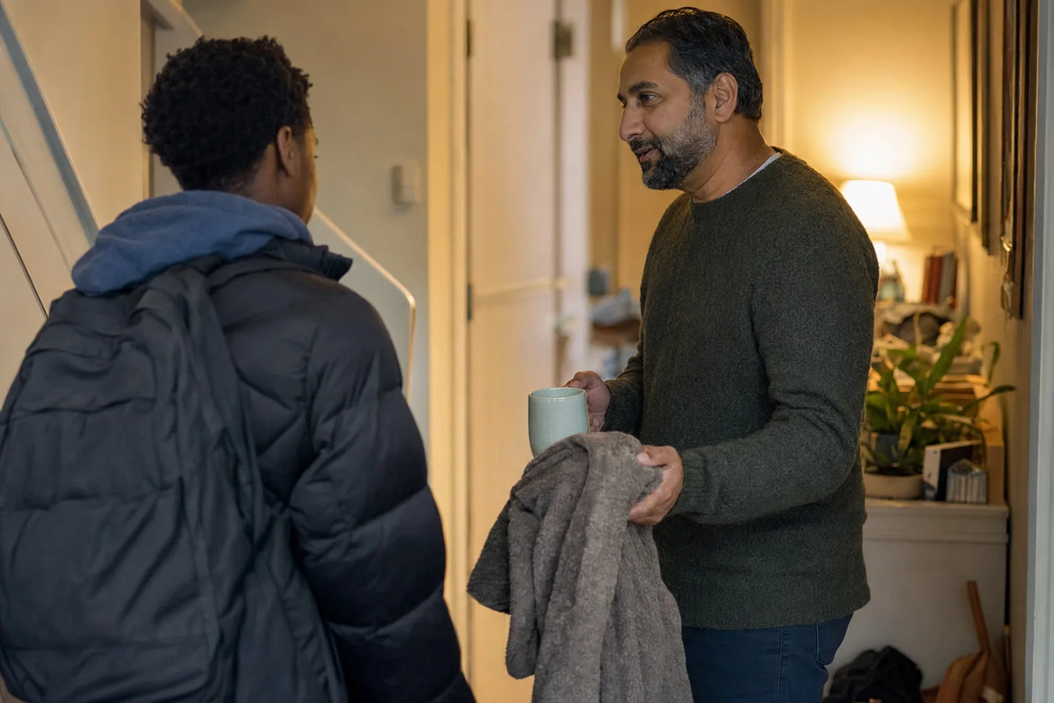 An adult greeting a teenager arriving home