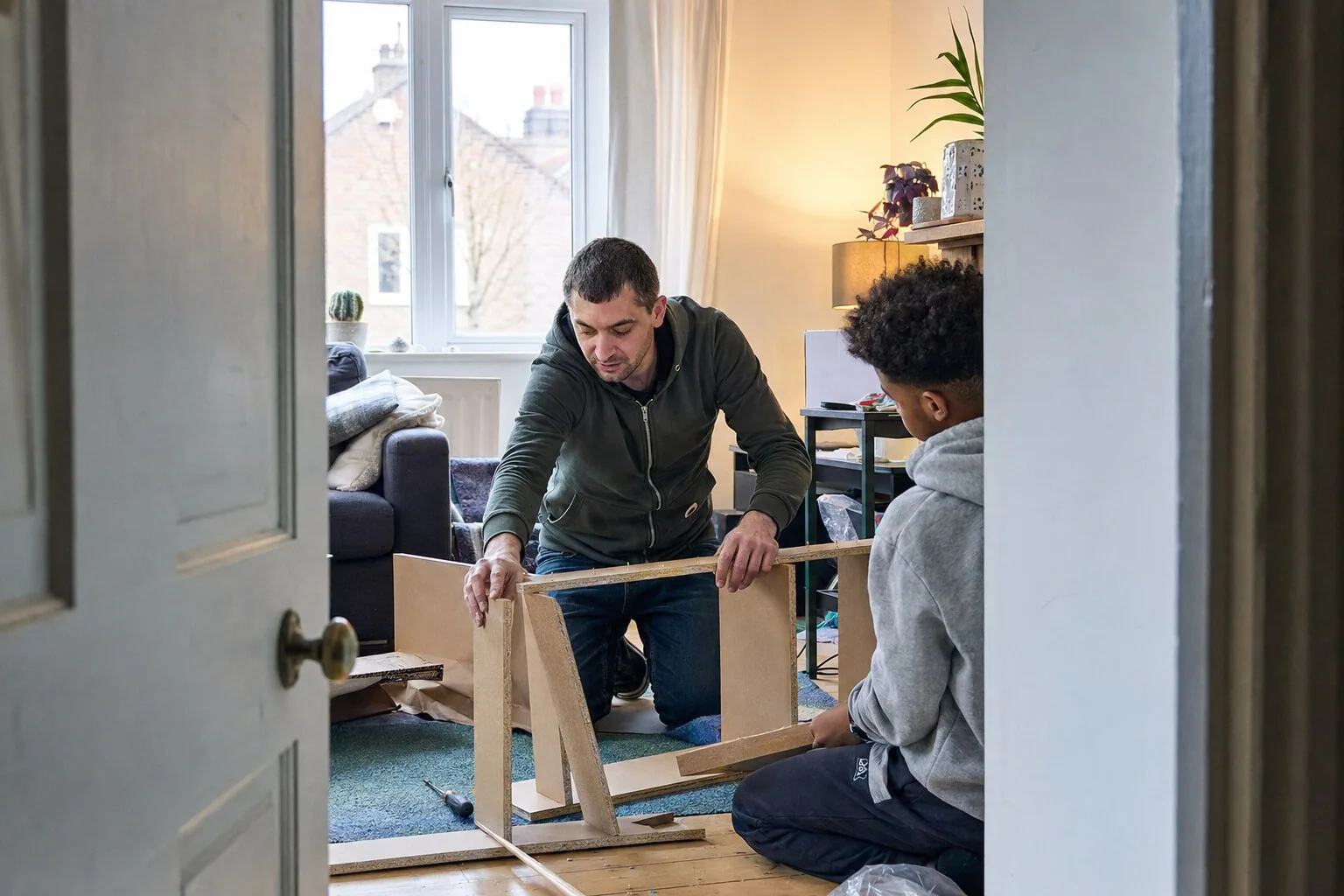 An adult and a teenager assembling furniture together