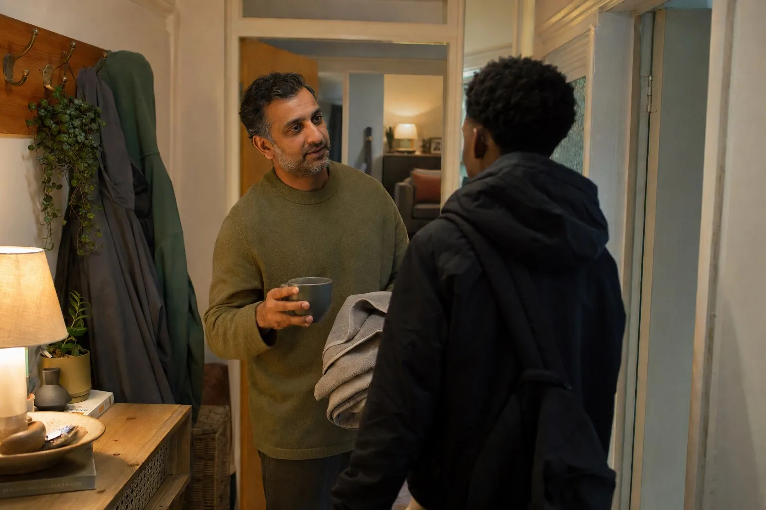 An adult offering a mug to a young person in a hallway