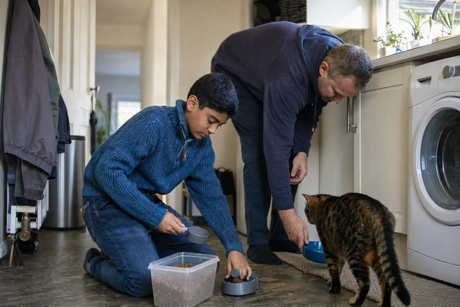 An adult and a teenager putting food out for their cat