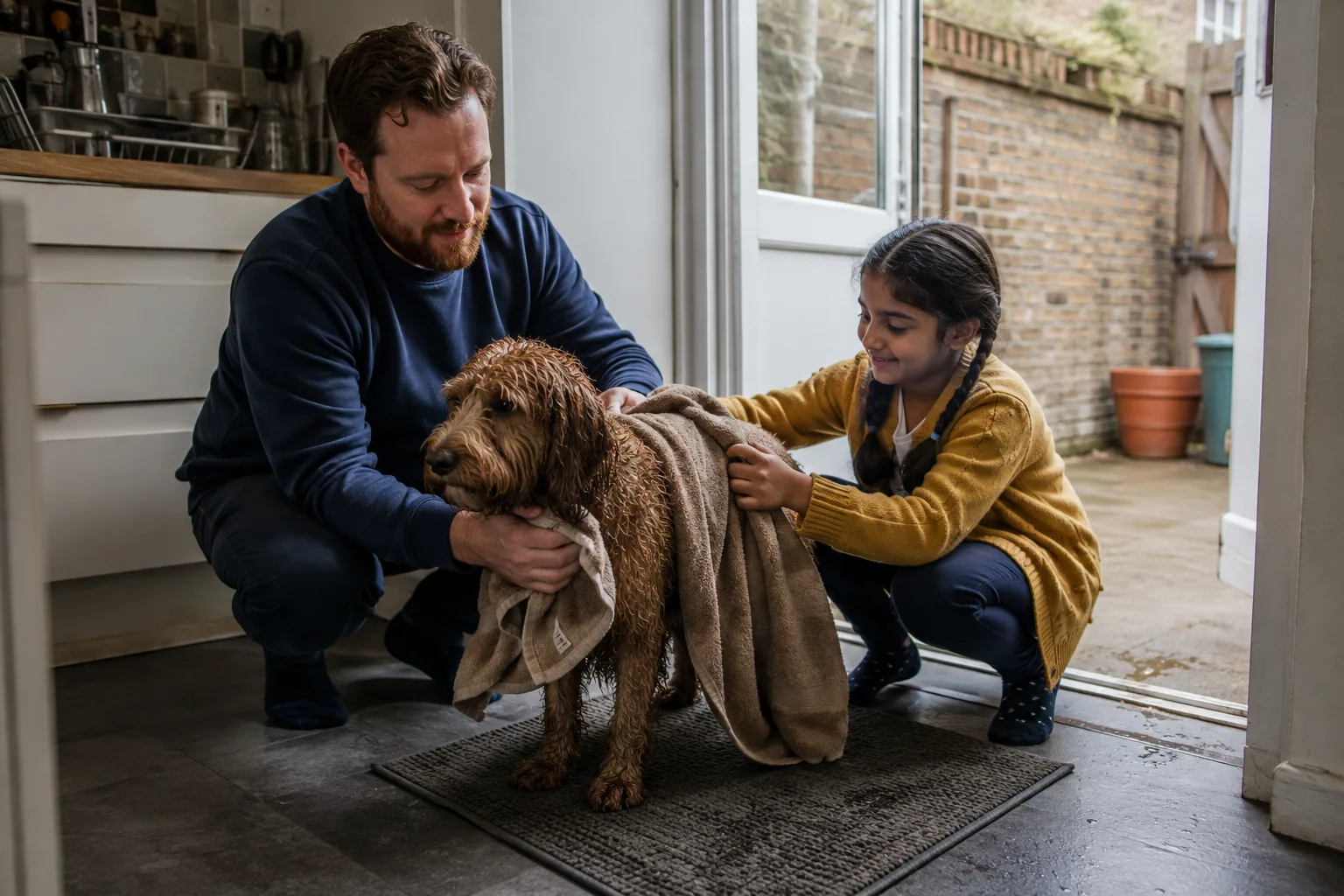 An adult and child towel a damp dog just inside the back door.