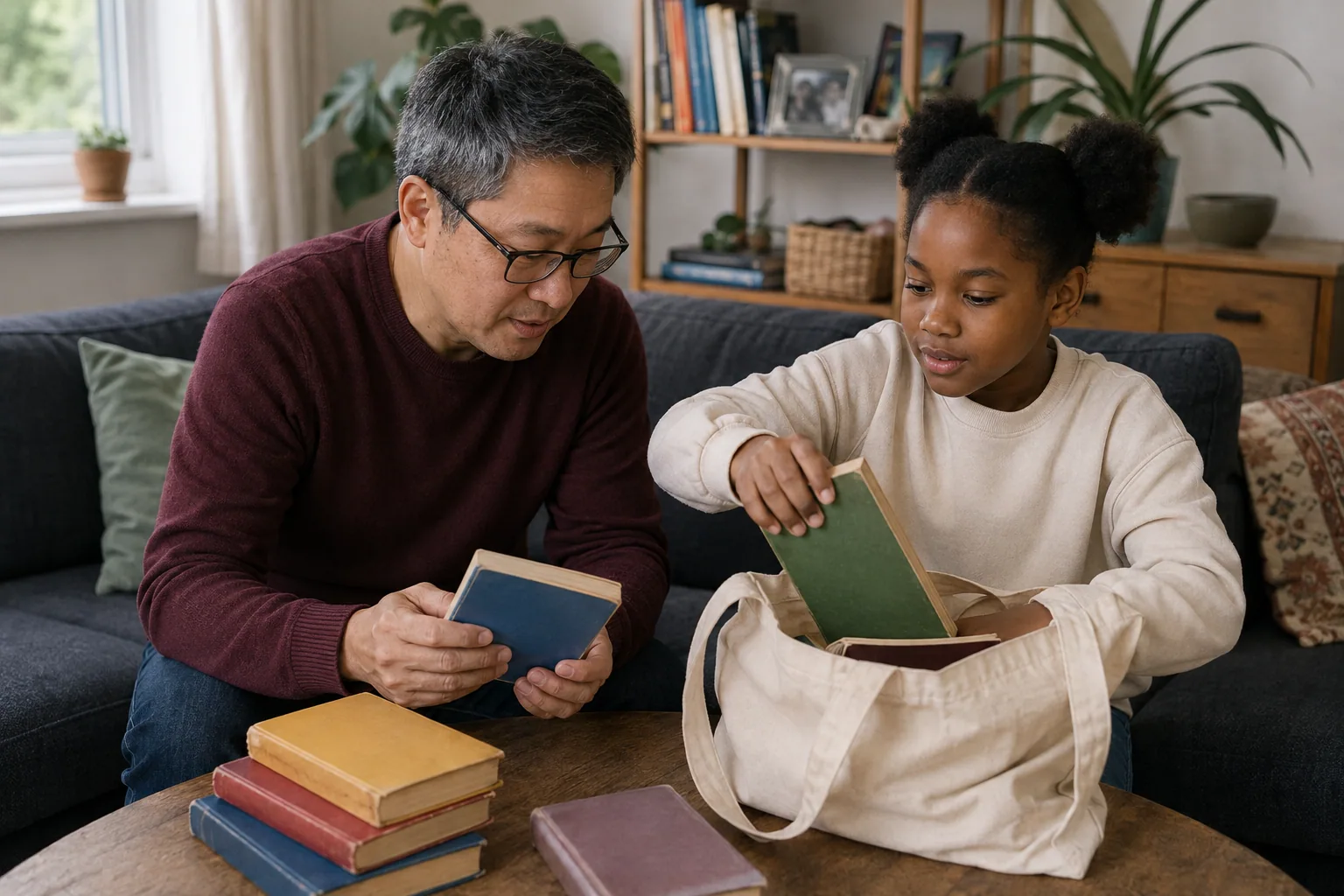 An adult and child unpack second-hand books from a tote bag at home.