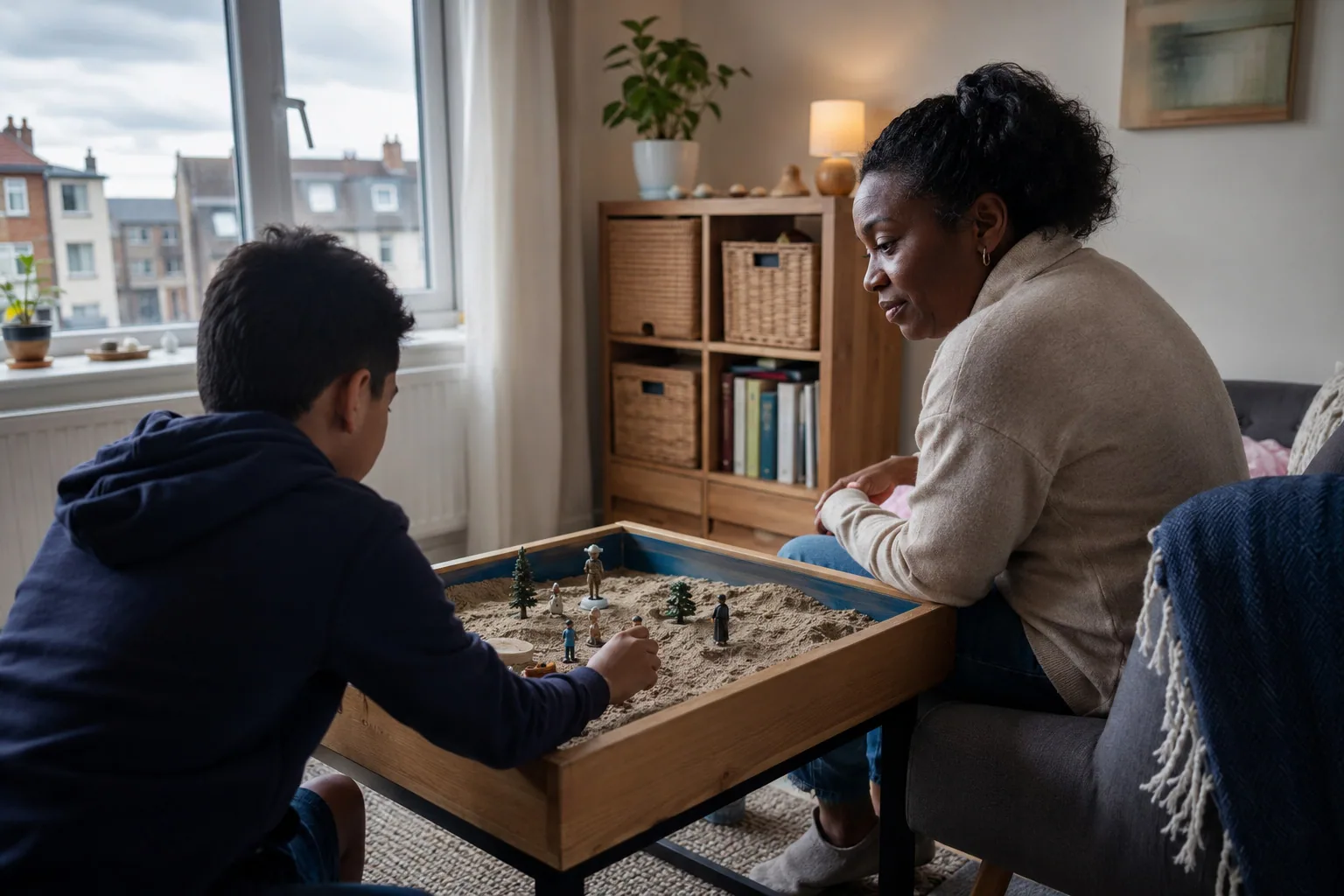 An adult and a young person playing with a tabletop game